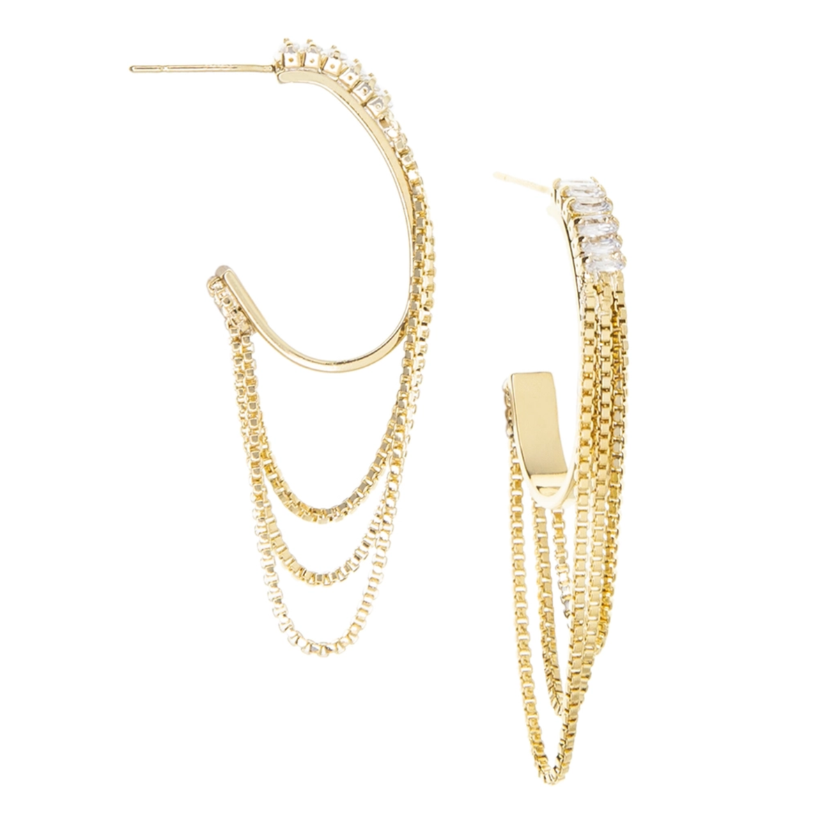 Oval Hoop Earring with Baguette and Drop Chain Detail