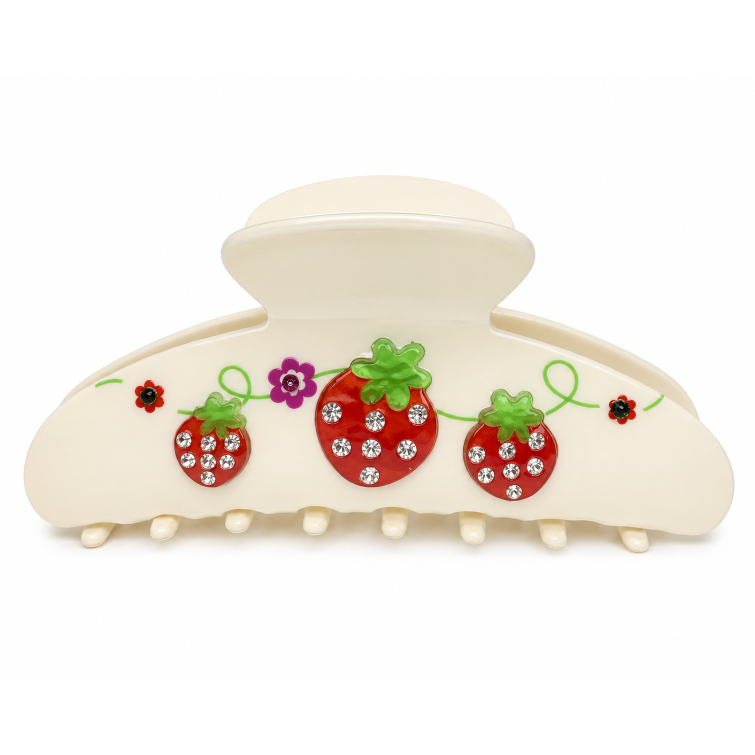Private label Strawberry Fields claw clip for hair, featuring a pink strawberry design and durable metal construction.