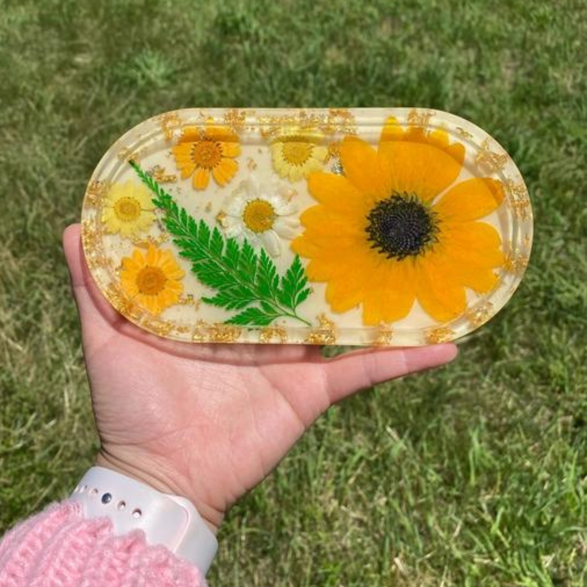 Resin Tray with Real Dried Sunflowers