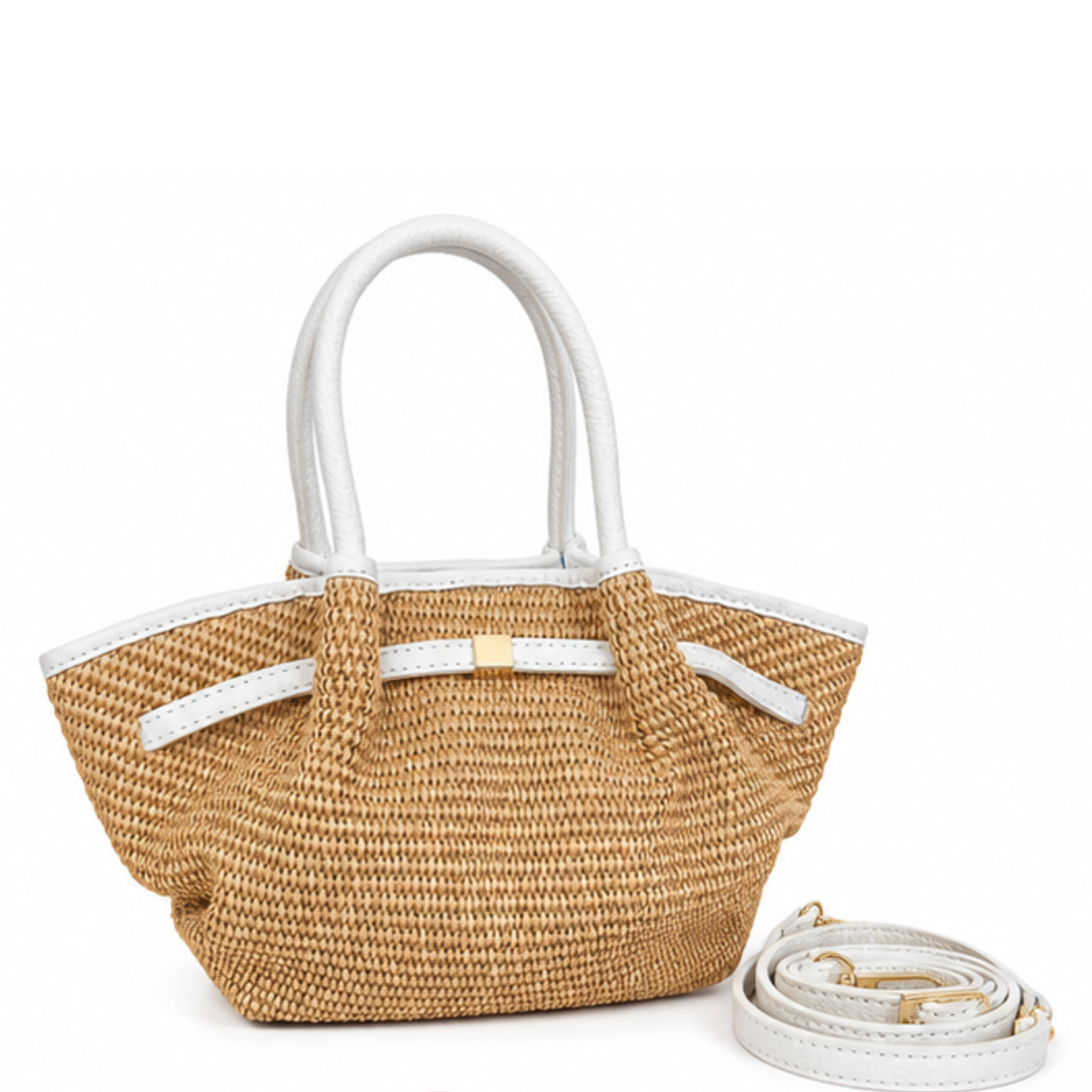 Private label CORINNE SMALL raffia handbag with woven texture and short handles, stylish accessory for casual outfits.