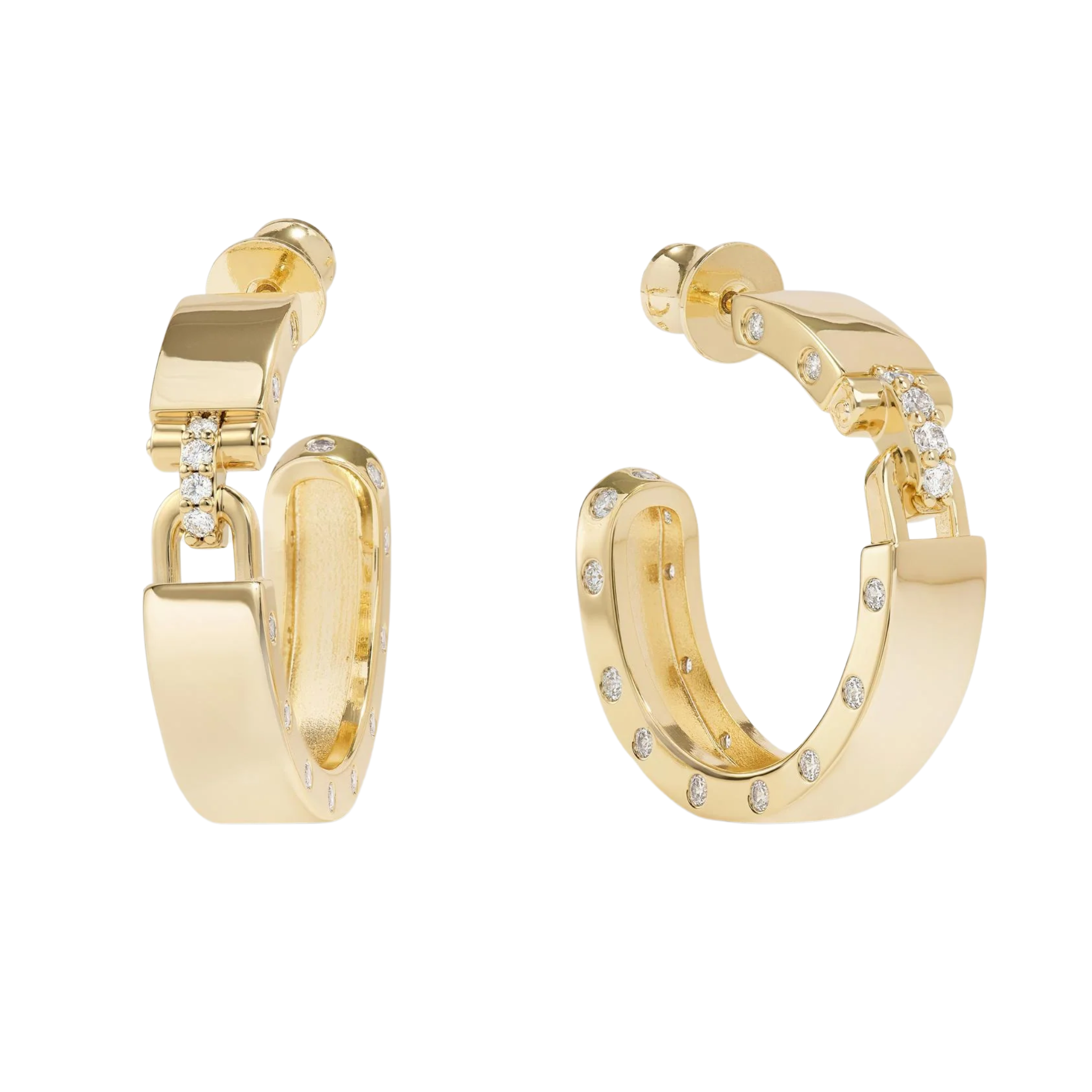 Gold Ashley Lock Hoops 1-inch earrings with white diamondette accents by Melinda Maria, showcasing stylish hoop jewelry.
