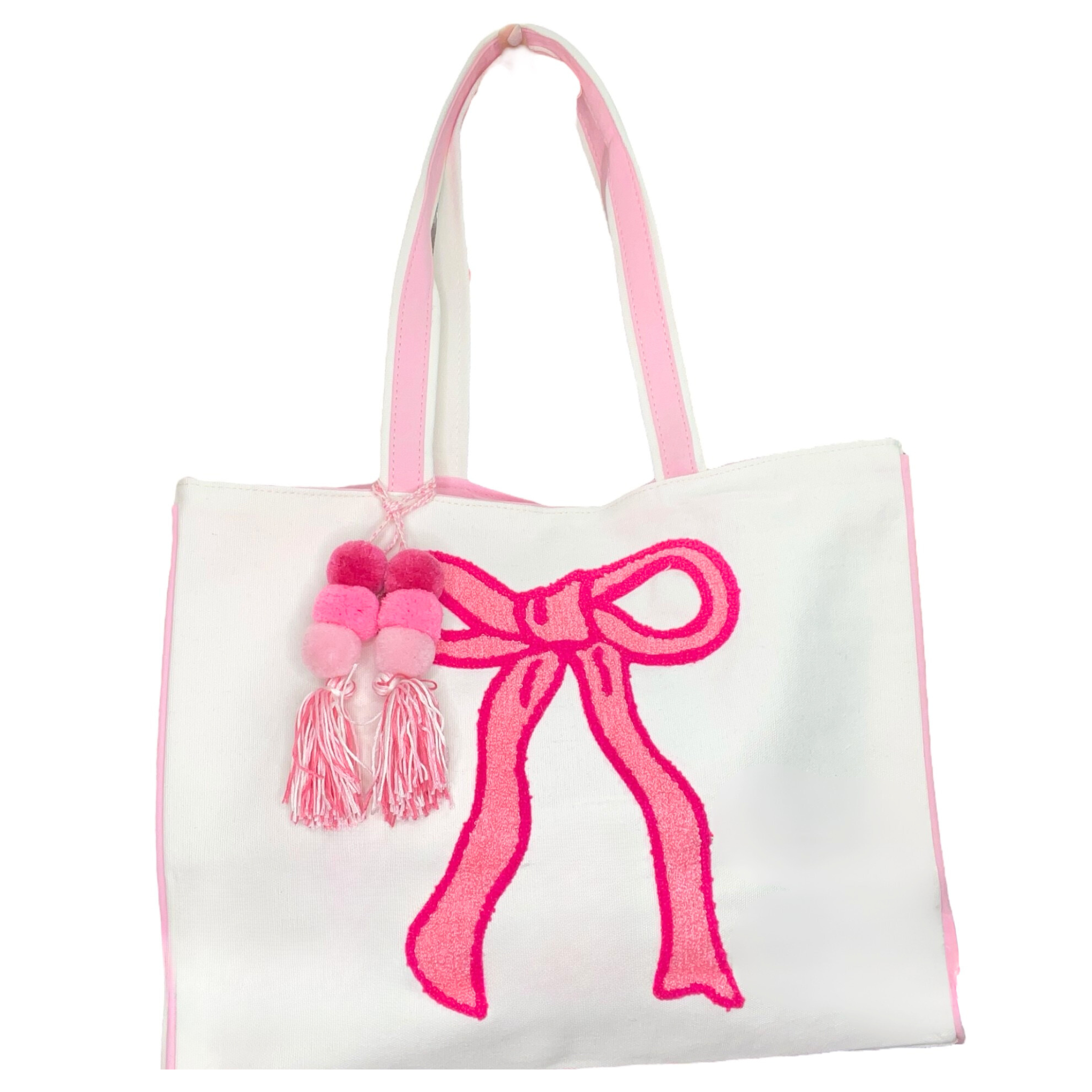 Private label bow beach bag with woven handle and colorful design, perfect for summer outings and casual beach days.