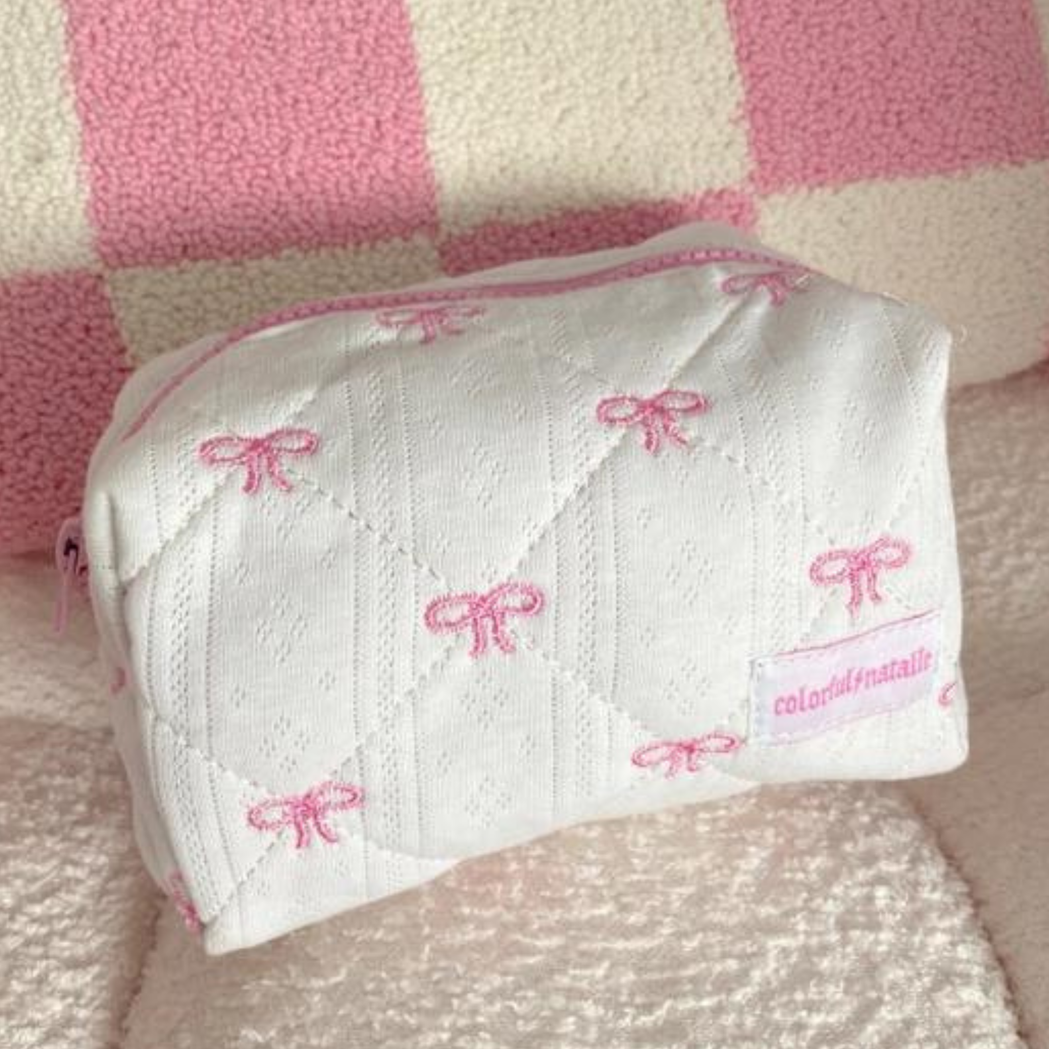 Pink Bows Small Embroidered Makeup Bag