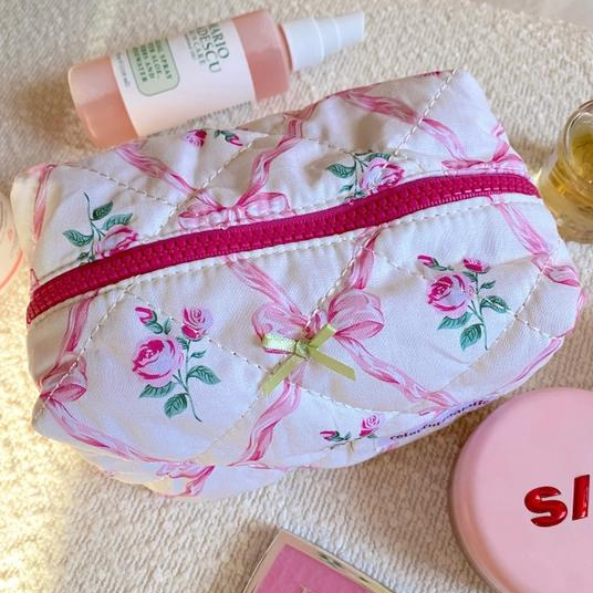 Bow and Flower Small Fuschia Makeup Bag