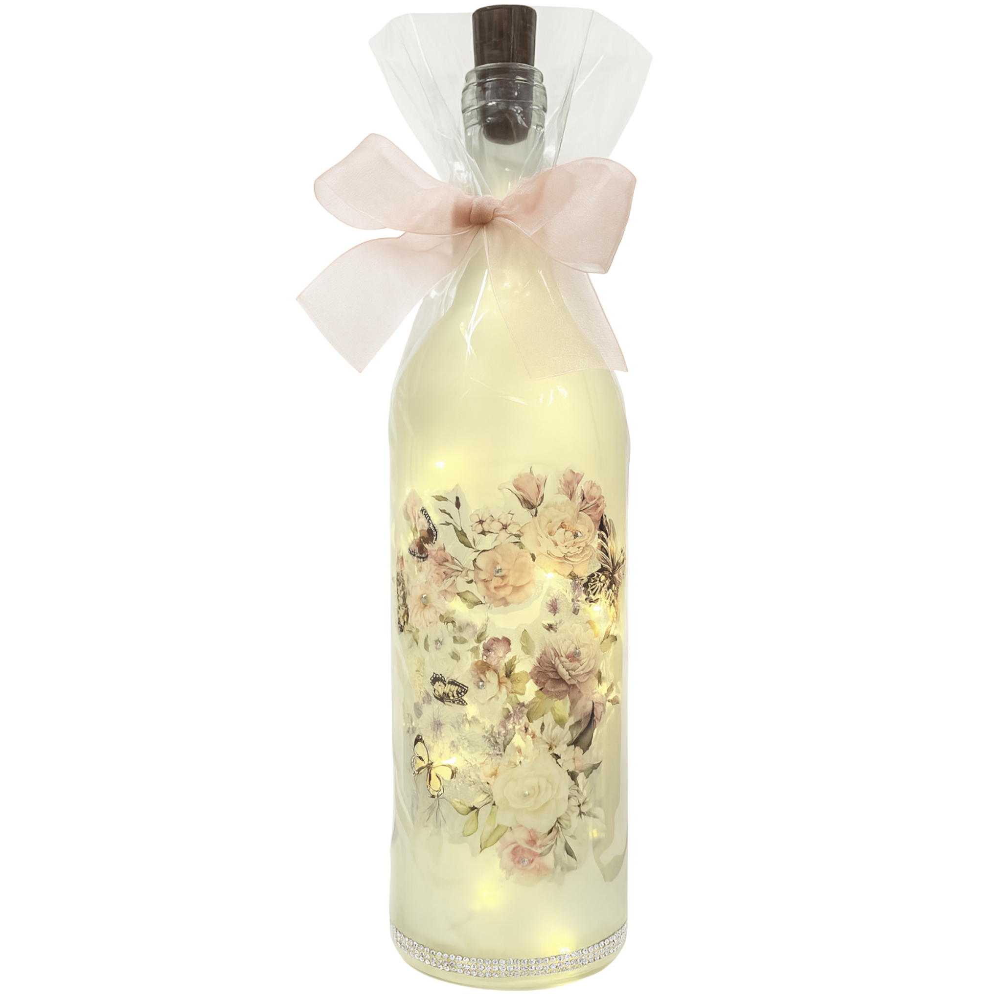 Clear travel bottle with floral light-up design, private label brand, used for toiletries or liquids in travel containers.
