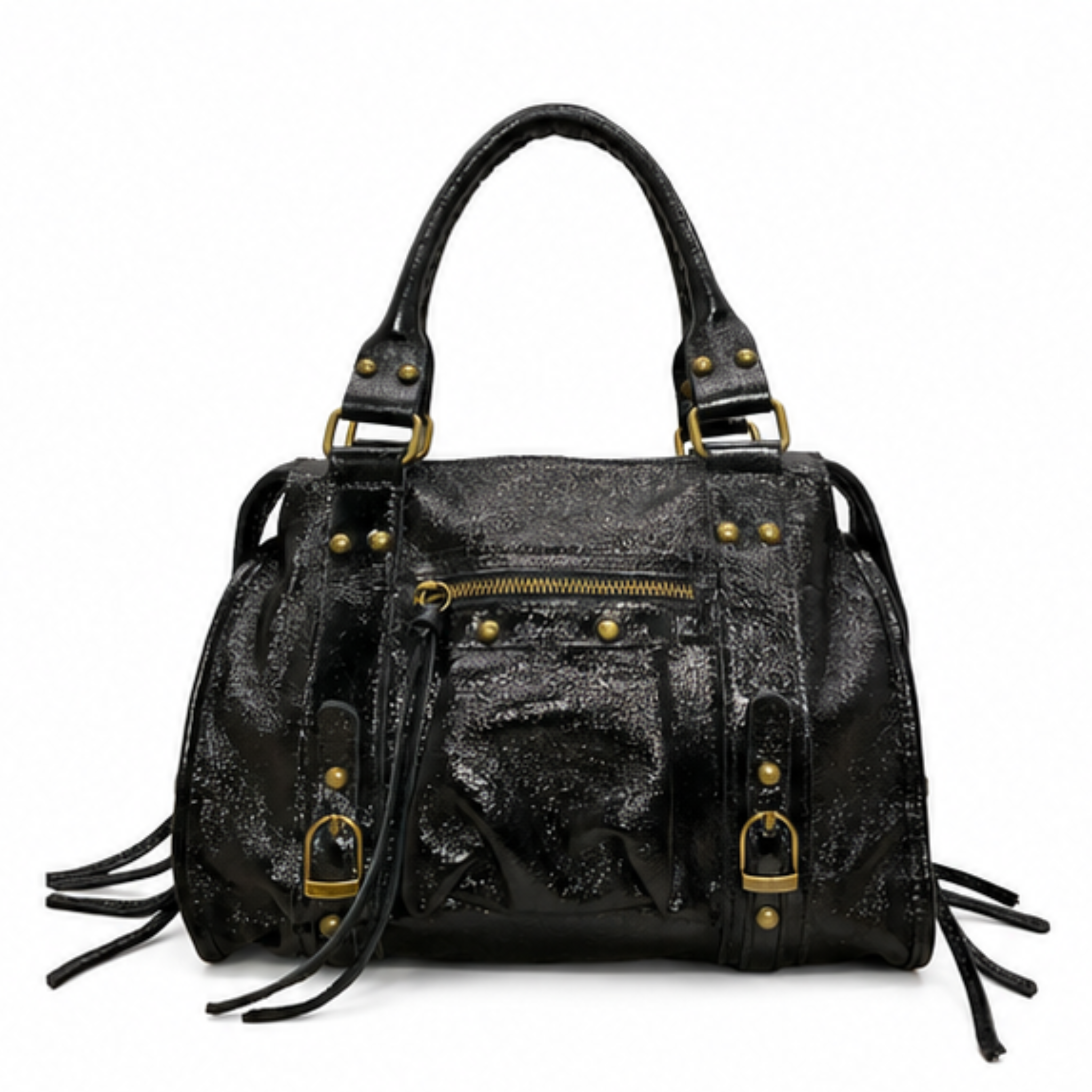 Metallic Moto Fringe Satchel Handbag
