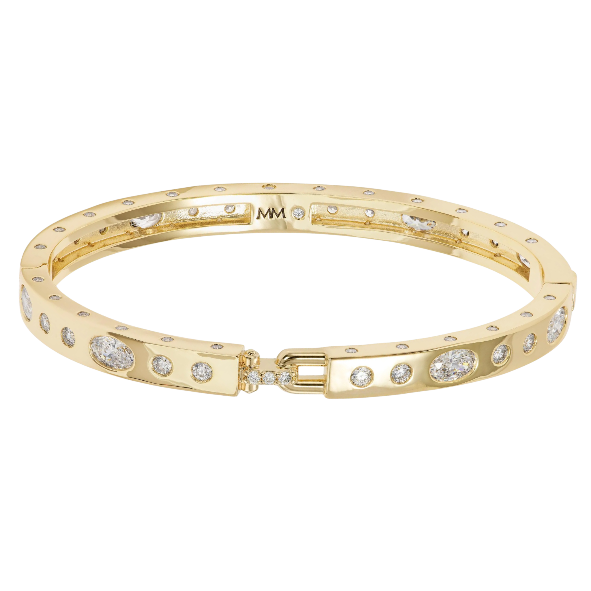 Melinda Maria Ashley Sunset Lock Cuff bracelet in 6mm gold with white diamondette accents, showcasing a sleek and elegant design.