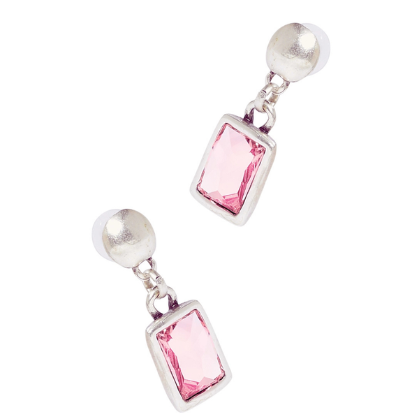 Handmade pink crystal pewter earrings by Chanour featuring elegant, sparkling pink crystals and detailed pewter craftsmanship.