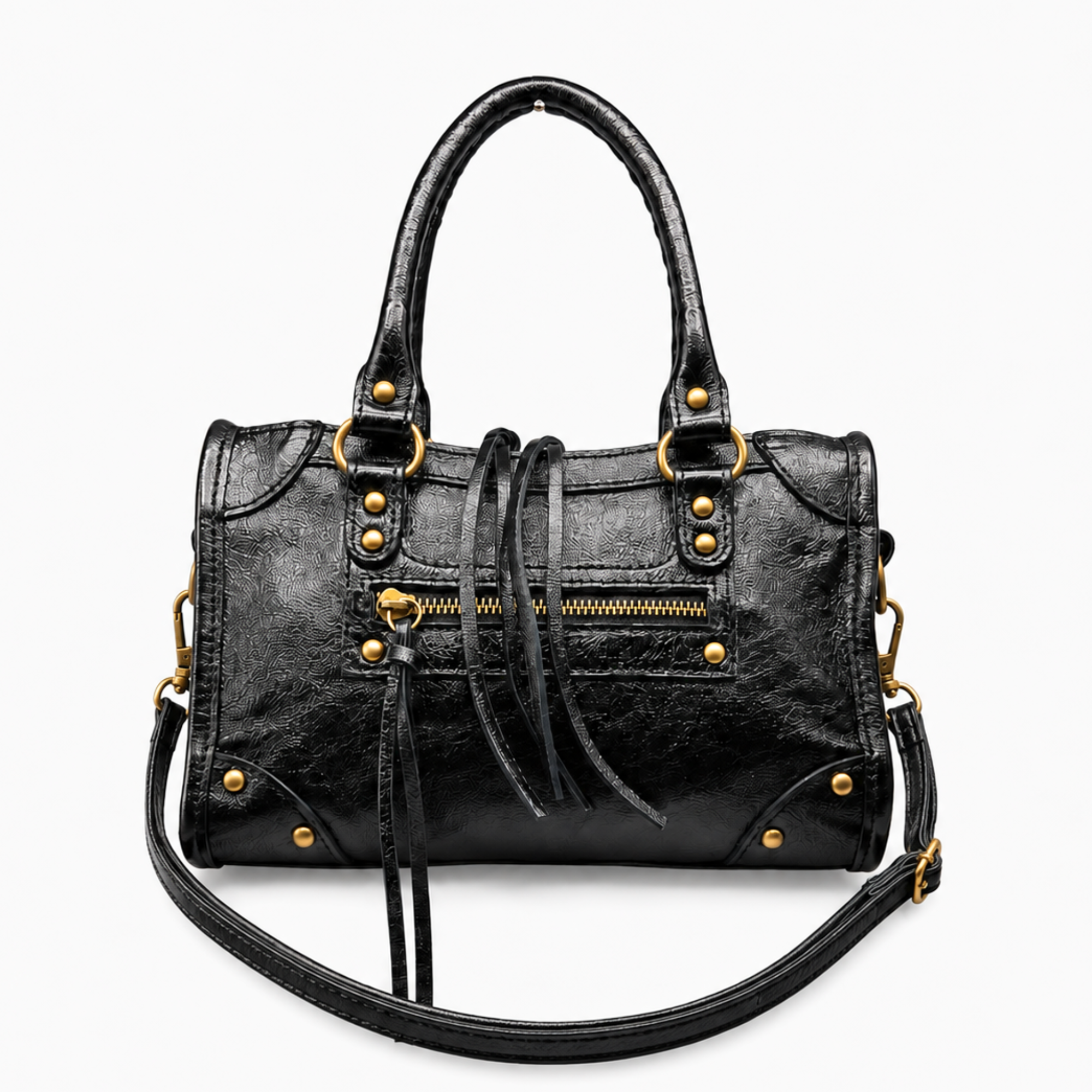 Black Moto Studded Leather Satchel Crossbody Bag