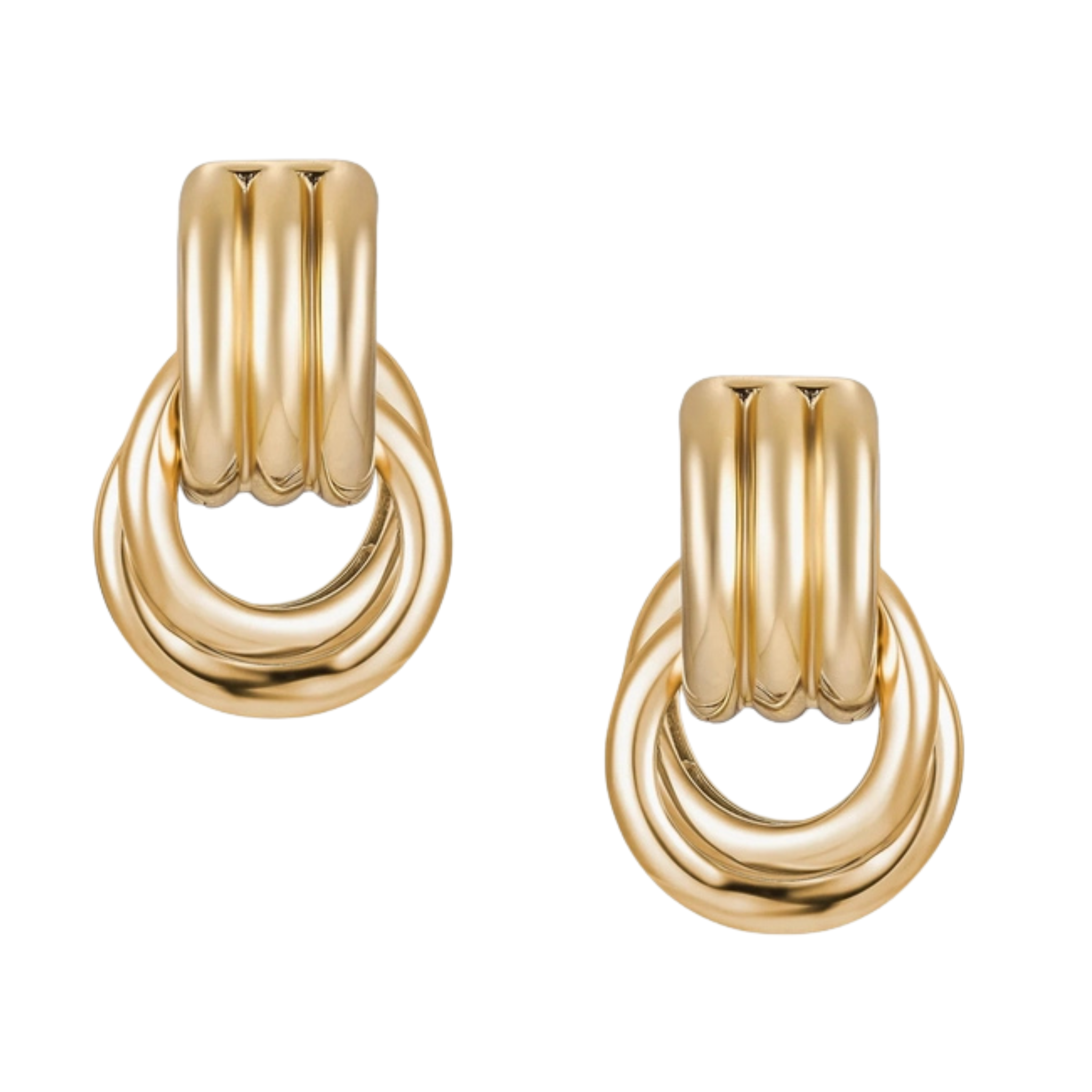 Two-tone double knotted door knocker earrings by Private Label, showcasing a unique and elegant design.