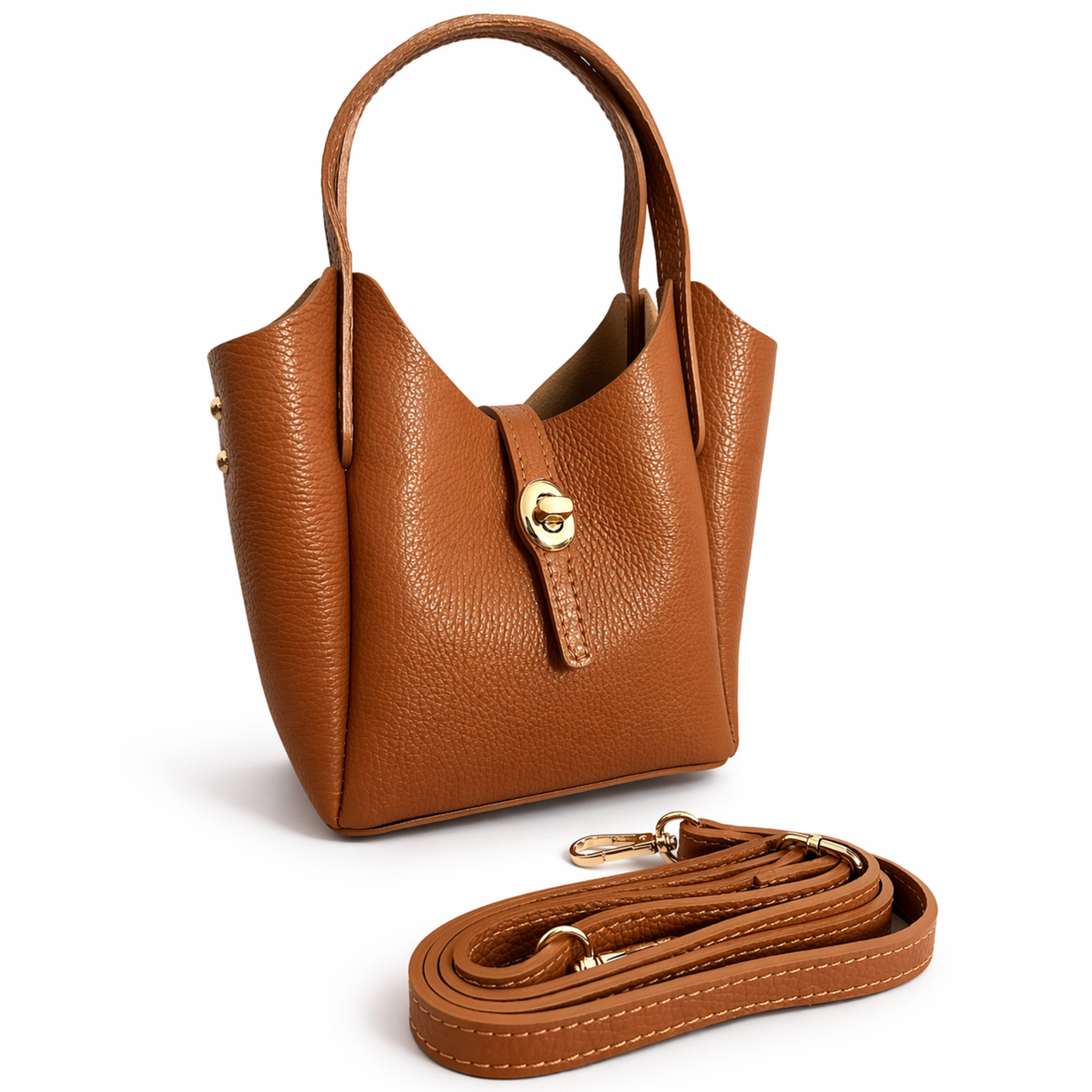 Private Vendor Geneva Mini Bucket Bag made of leather, featuring a compact design with a drawstring closure and adjustable strap.
