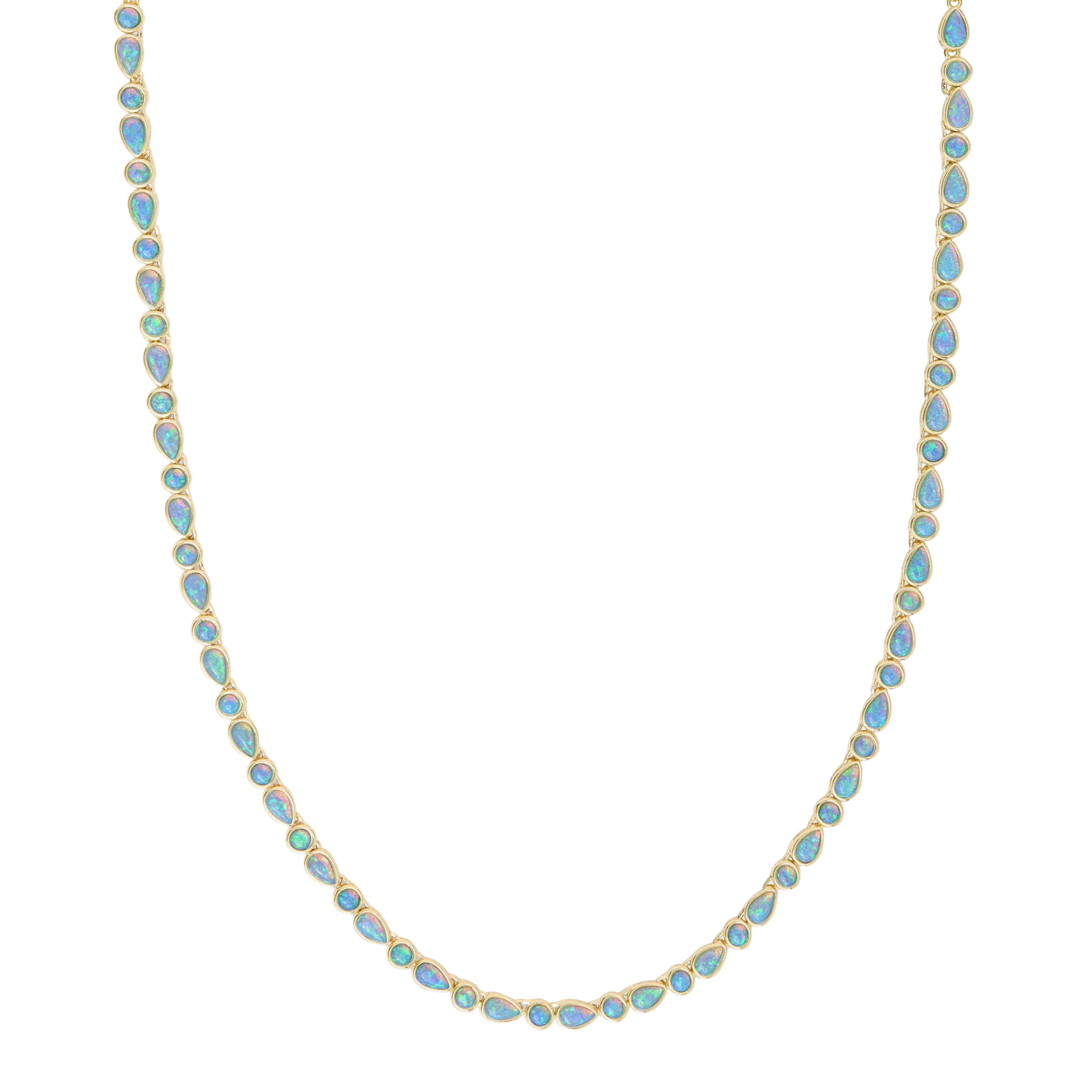 Melinda Maria gold Isla tennis necklace with blue opal accents, 16 inches long, elegantly displayed on a neutral background.