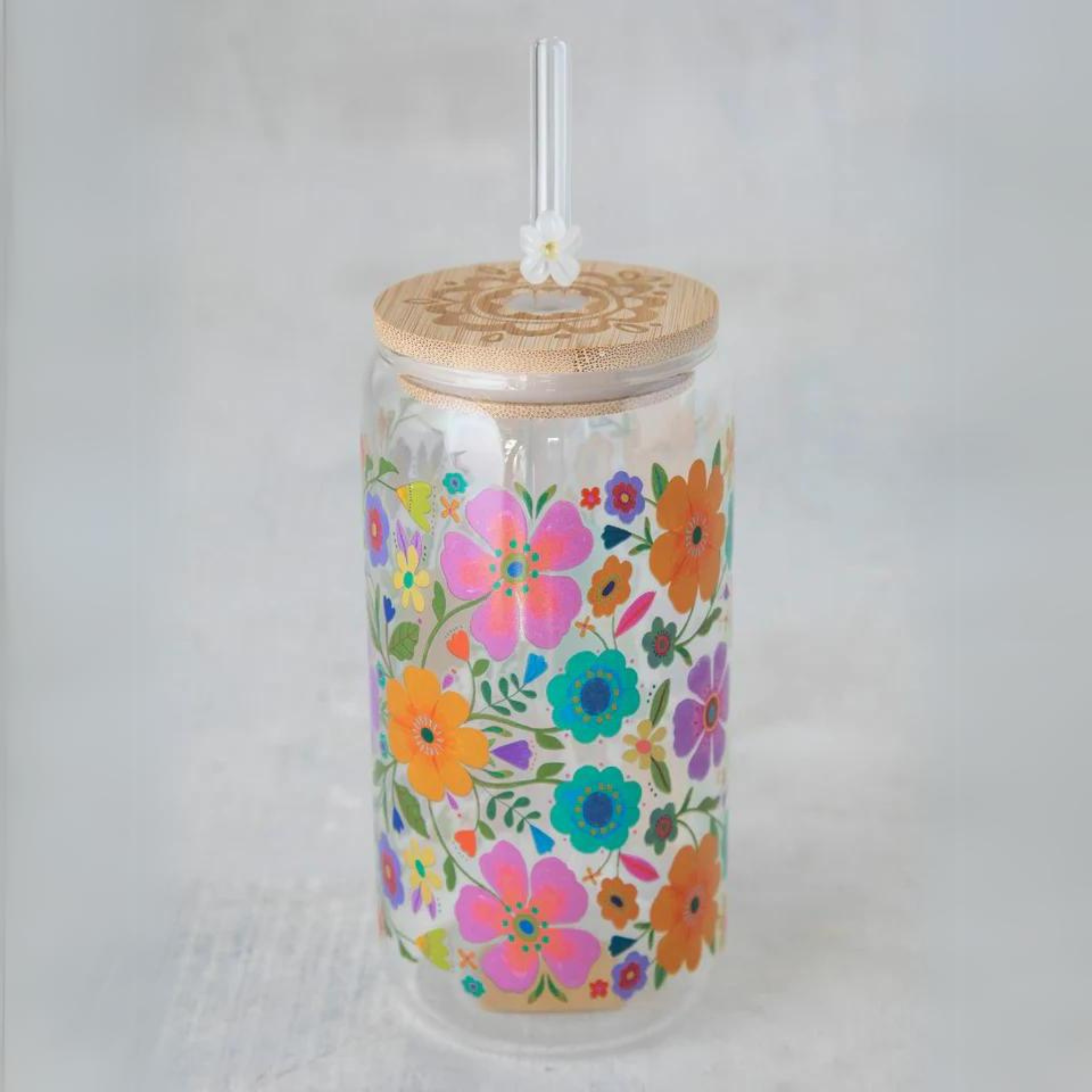 Glass Tumbler With Lid & Straw - Folk Flower