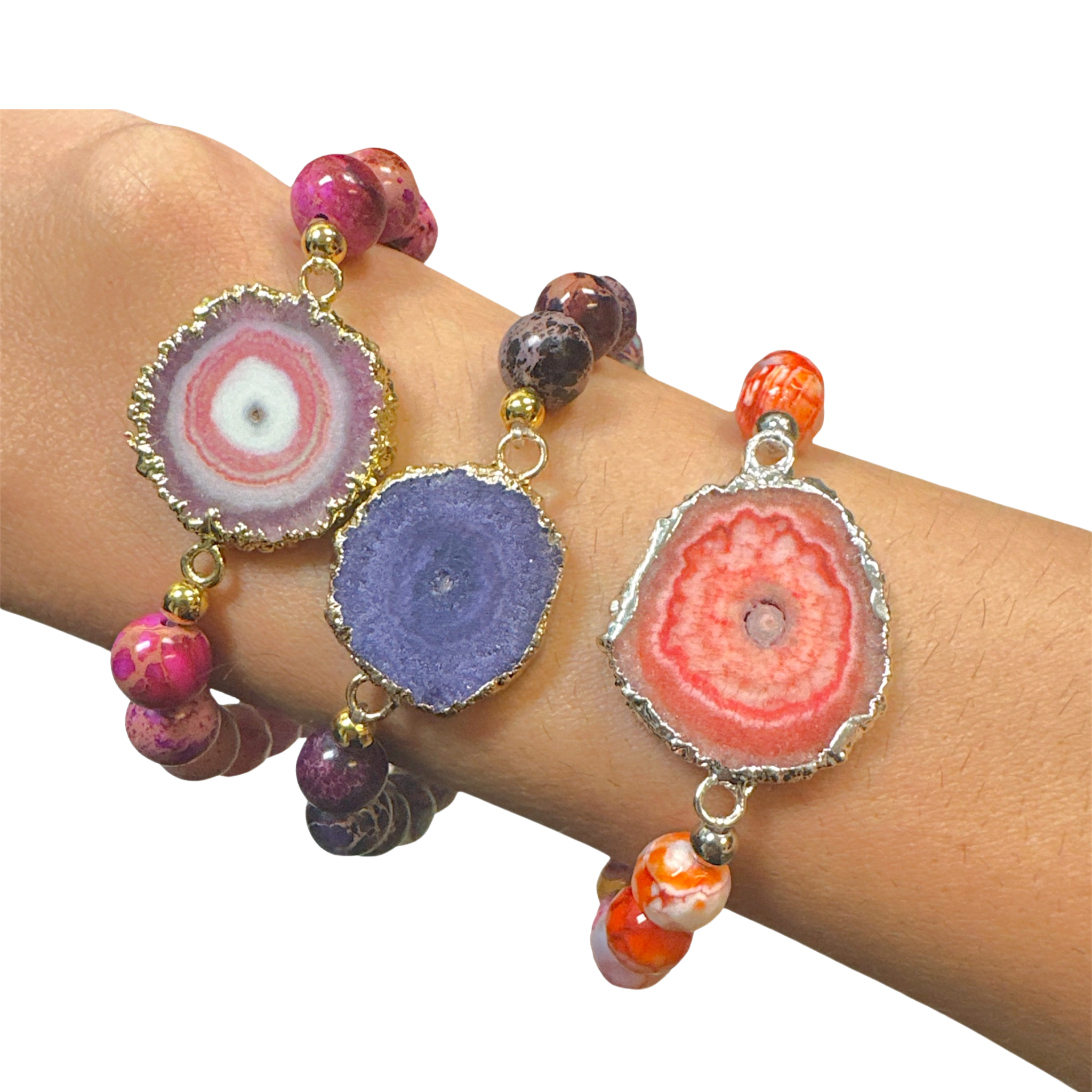 Pink druzy beaded bracelet stack