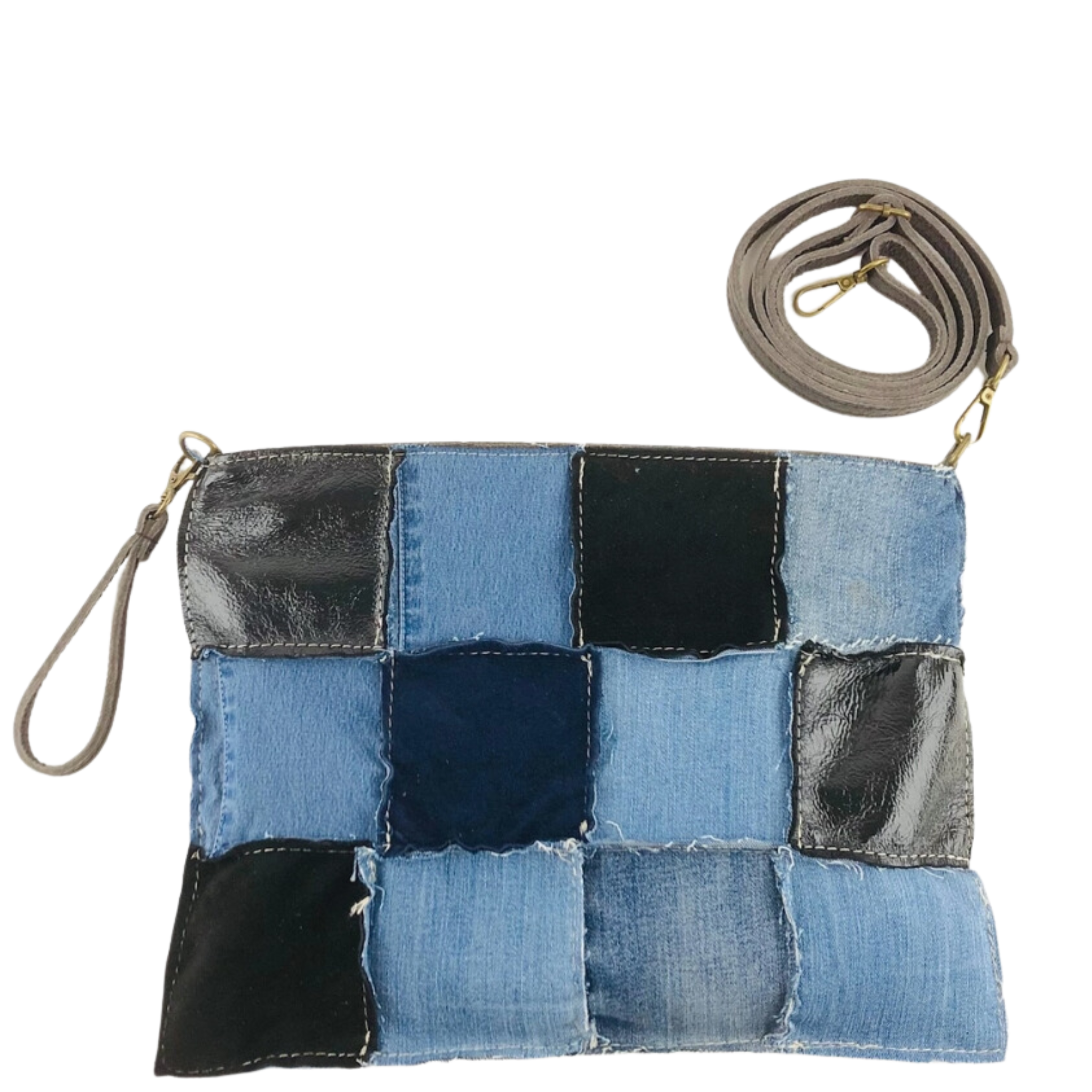 Danya Boho patch color maxi pochette bag with vibrant patchwork design, black strap, and spacious interior for stylish hand carry.