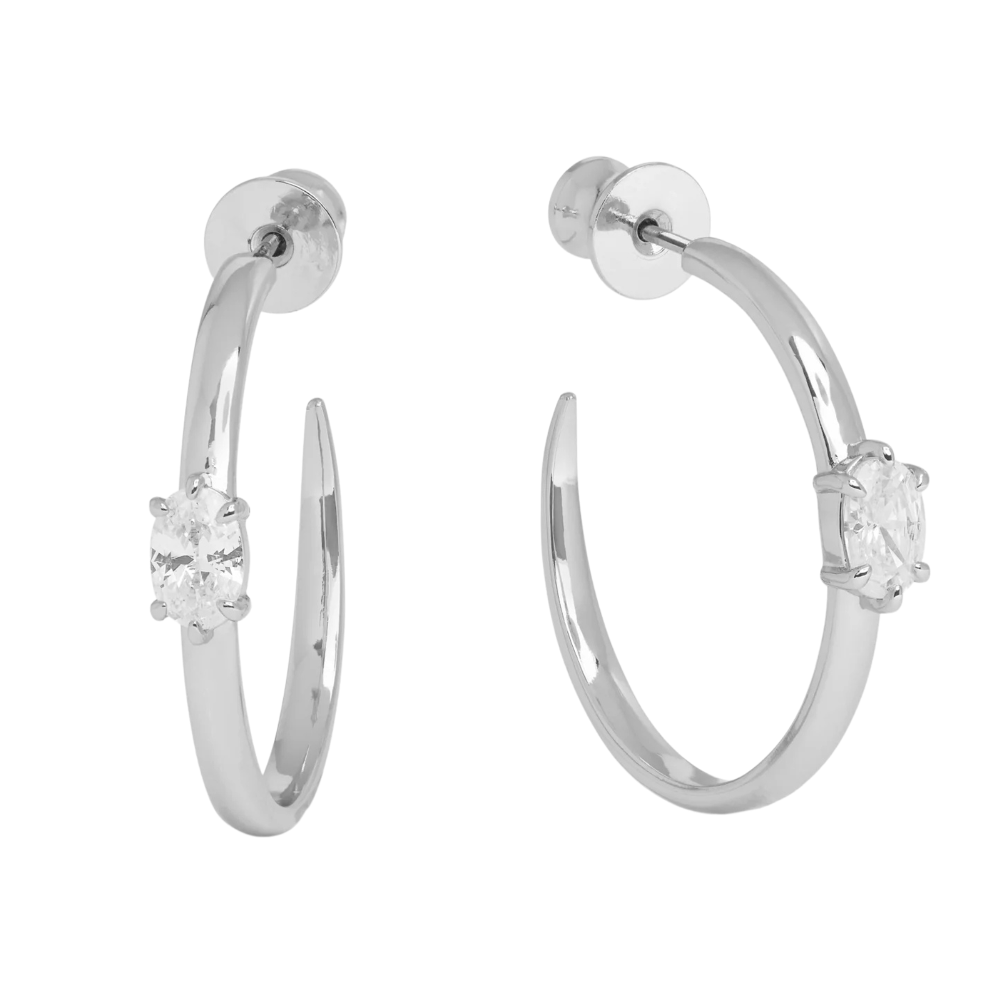 Silver She's on Point Hoops 1-inch earrings with white diamondette accents by Melinda Maria, featuring a stylish hoop design.