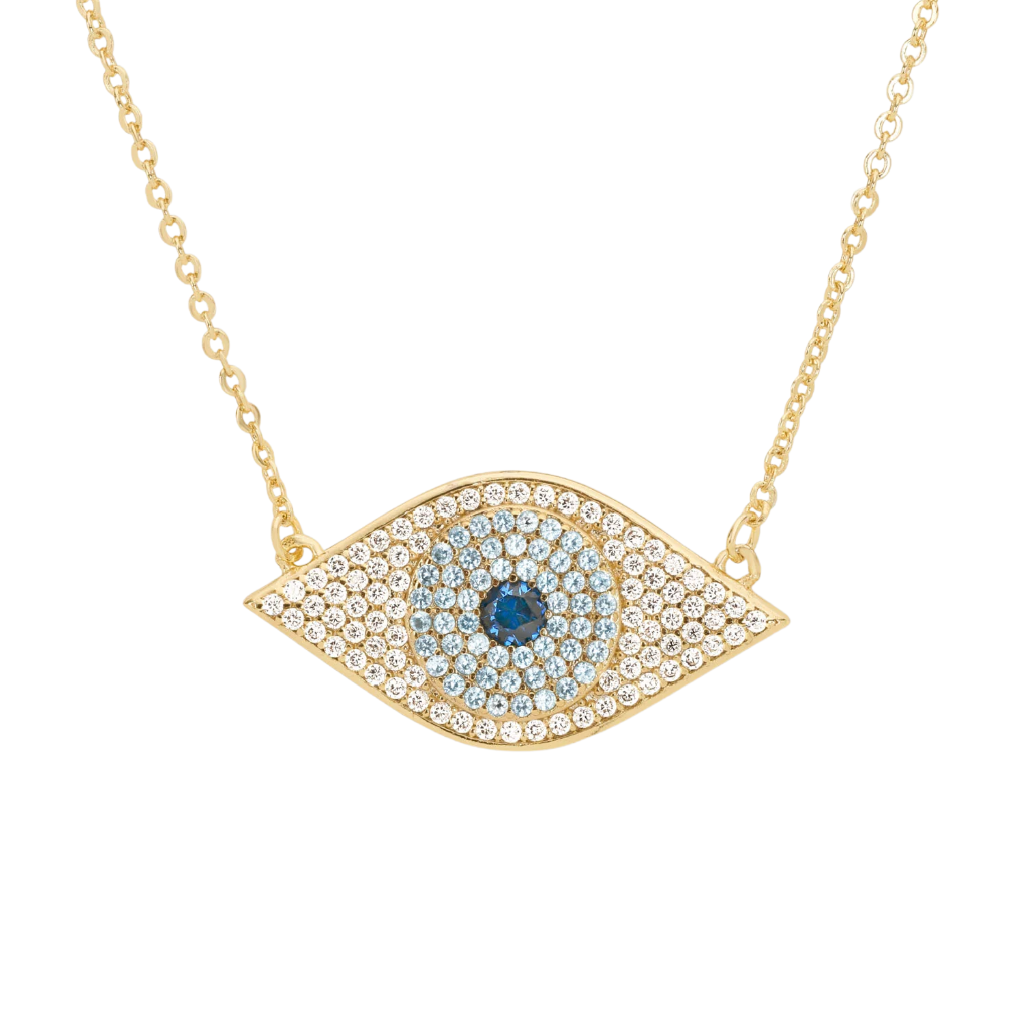 Gold Blue Evil Eye Necklace by Melinda Maria featuring white Diamondettes and a vibrant blue evil eye pendant.
