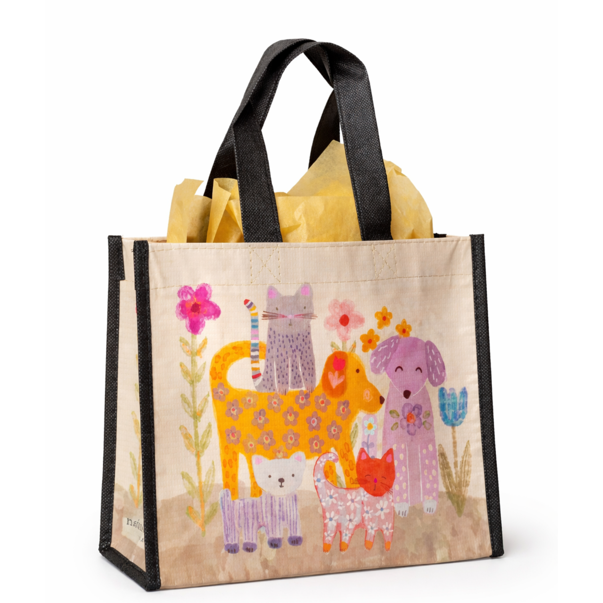 Set of three Natural Life medium tote bags with colorful, cheerful happy bag designs for casual everyday use.