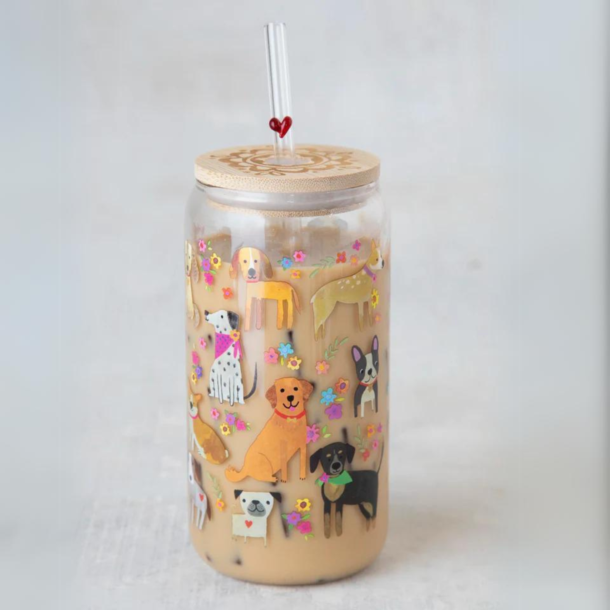 Glass Tumbler With Lid & Straw - Dog