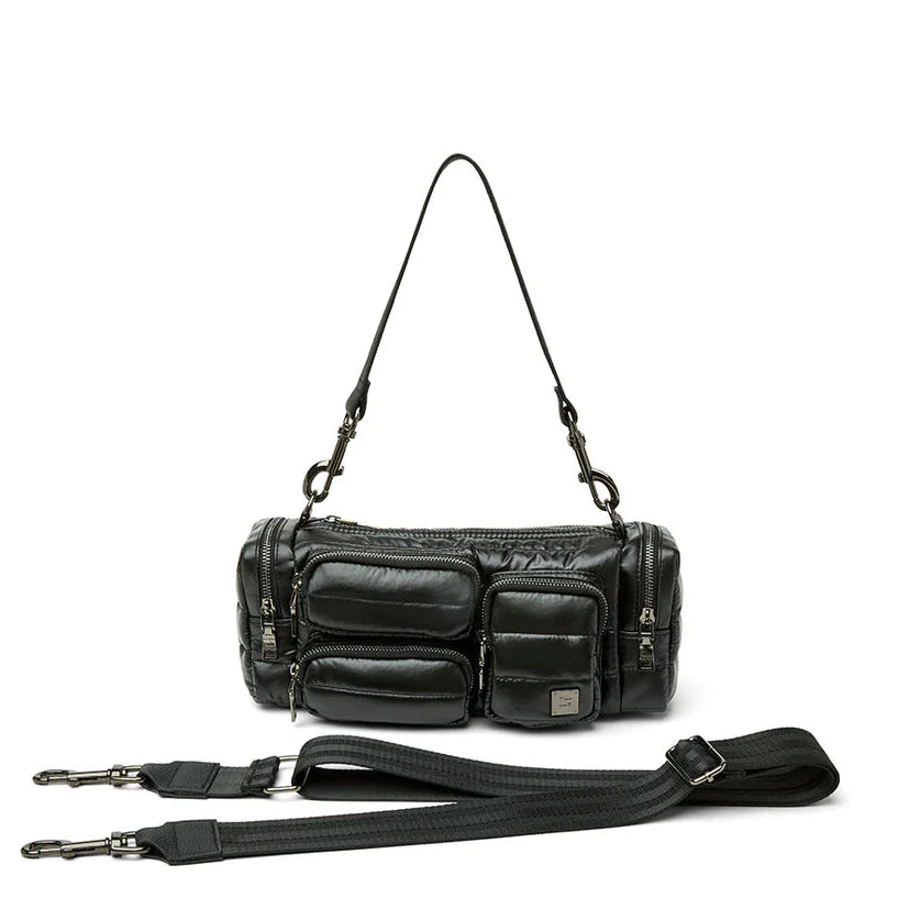 Black Lady Cargo shoulder bag by Think Royln with pearl accents, featuring multiple compartments and stylish design.