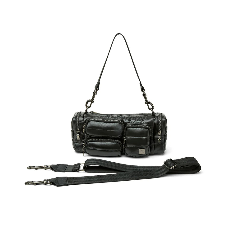 Think Royln Lady Cargo shoulder bag in Pearl Black with multiple compartments and sleek design, shown on a plain background.