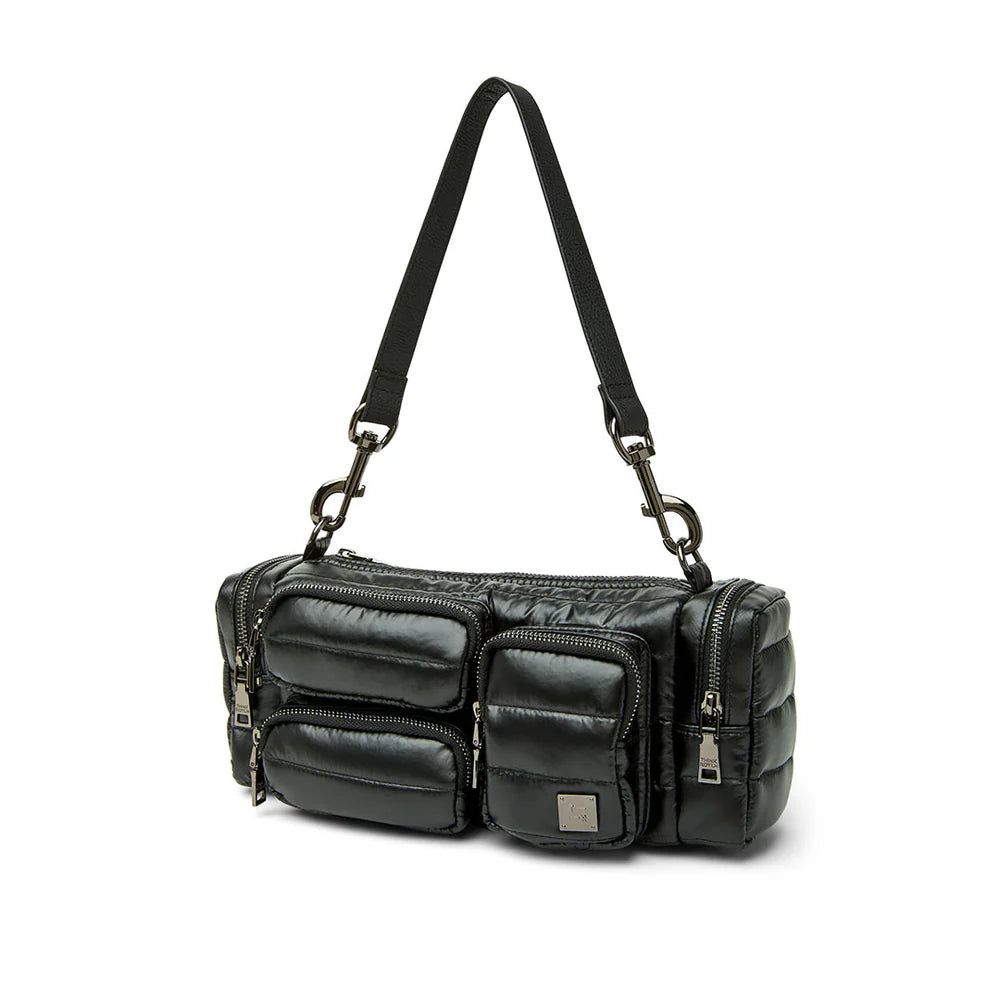 Black Lady Cargo shoulder bag by Think Royln with pearl accents, featuring multiple compartments and stylish design.