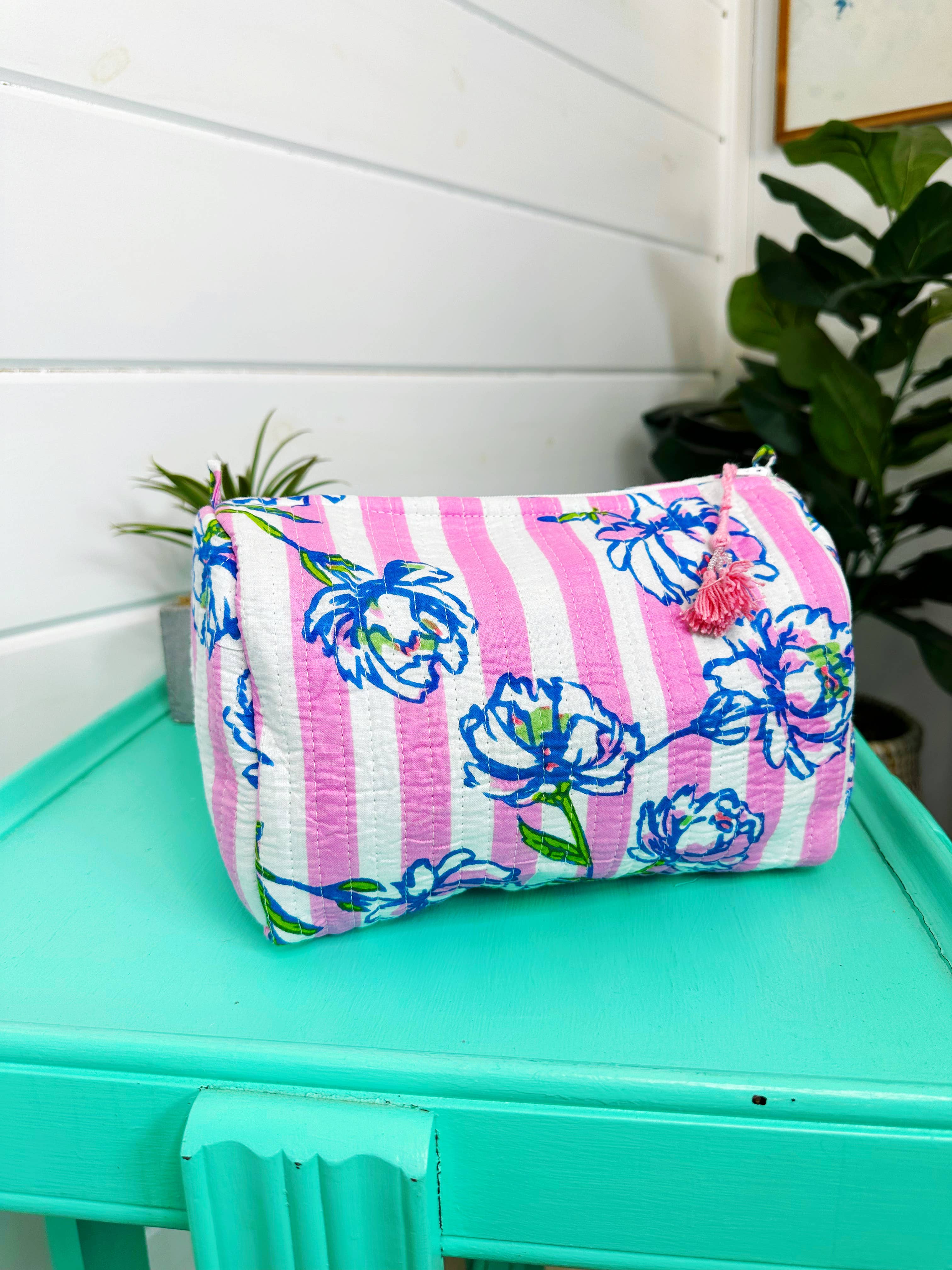 Quilted Makeup Bags | Cosmetics Bag | Peony Pink Stripe