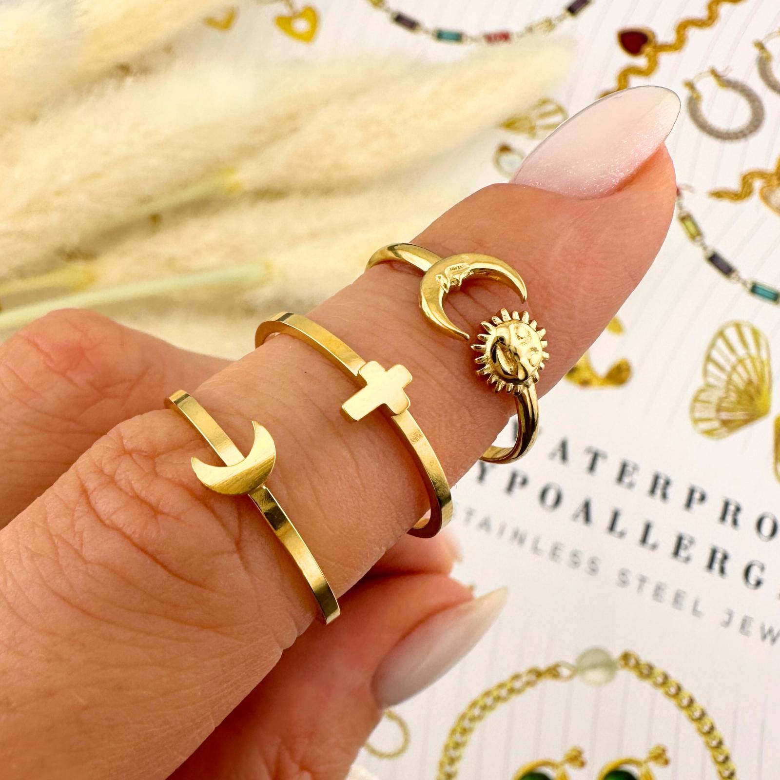 Sun and Moon Ring, 18K Gold Plated Steel