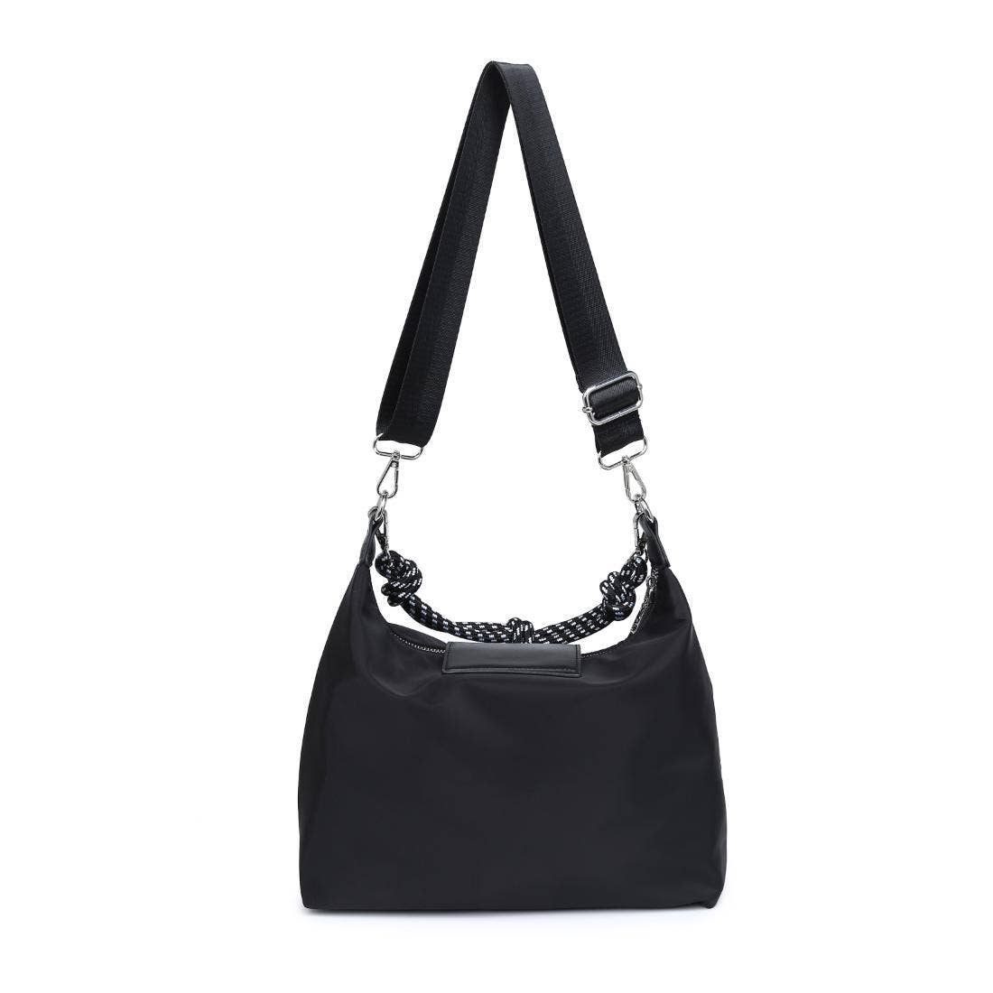 Urban Expressions Nova Hobo bag in black leather with adjustable strap and silver hardware, stylish and spacious accessory.