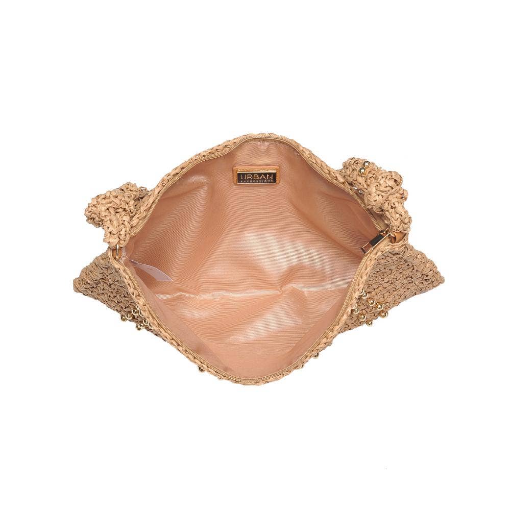 Urban Expressions Clarissa Seasonal Straw Shoulder Bag with woven design and shoulder strap, perfect for summer outings.
