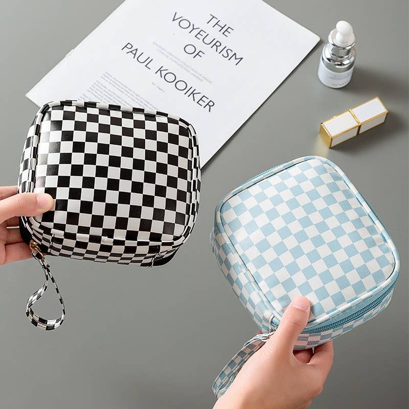 Private label travel checker makeup cosmetic pouch bag with zipper closure, compact storage for beauty essentials