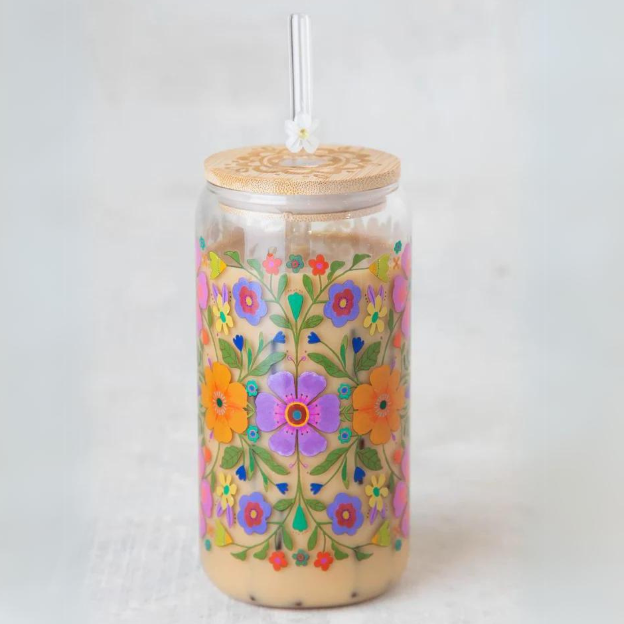 Glass Tumbler With Lid & Straw - Folk Flower