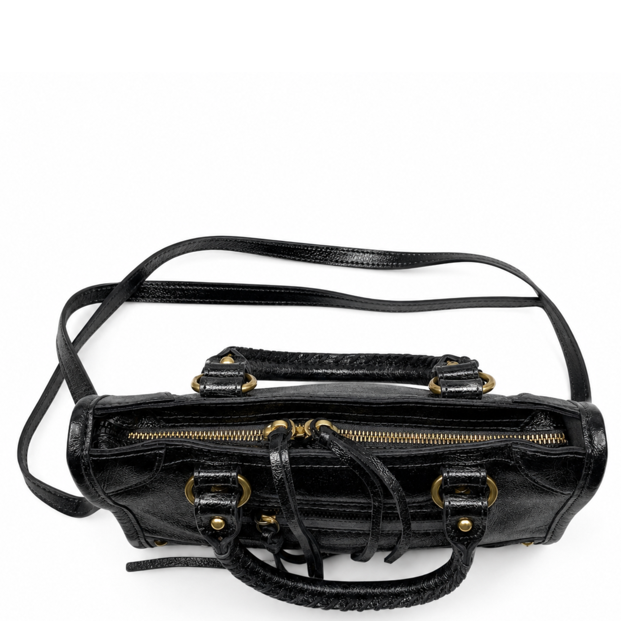 Black Moto Studded Leather Satchel Crossbody Bag