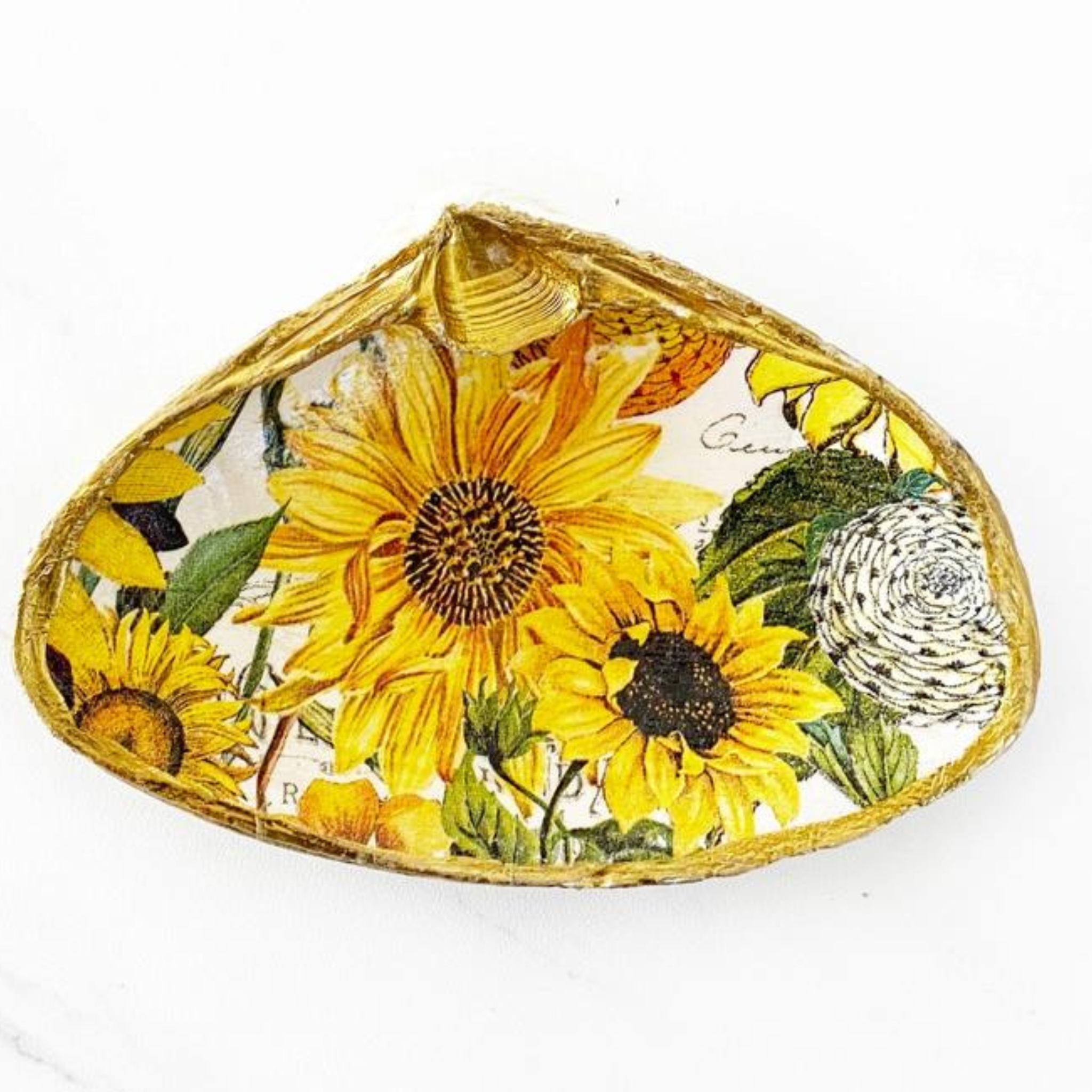 Yellow Sunflower Decoupage Clam Shell Trinket Ring Dish