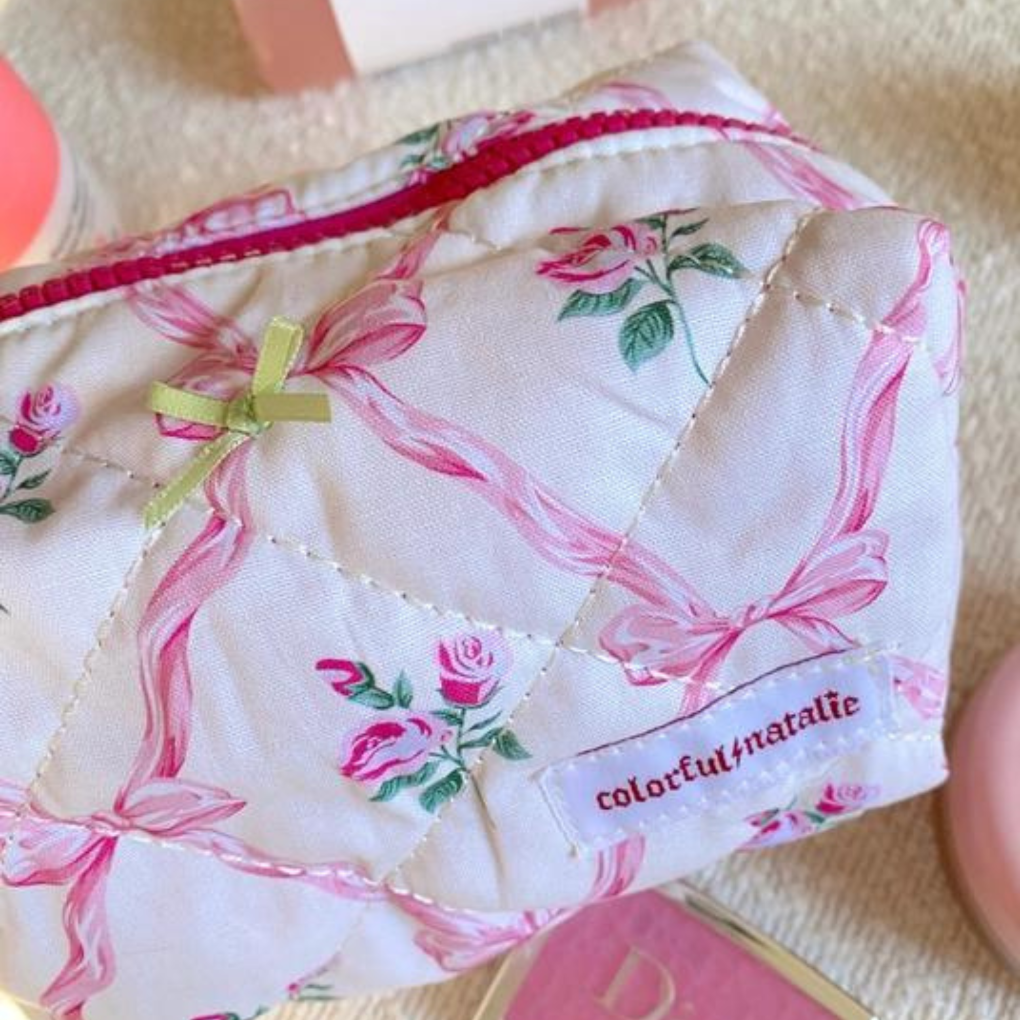 Bow and Flower Small Fuschia Makeup Bag