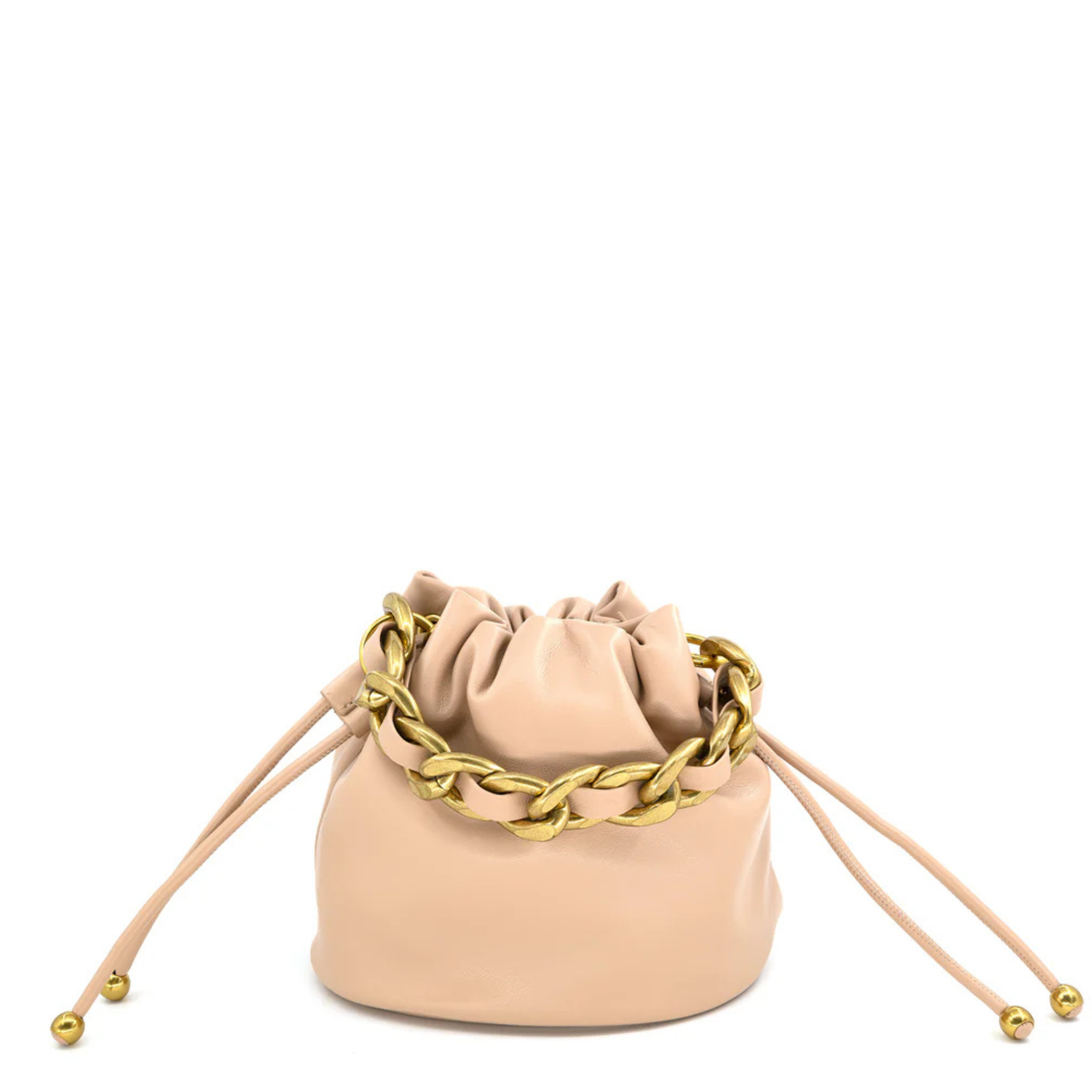 Private label Gabriel drawstring crossbody handbag with adjustable strap and compact design, made for everyday convenience.