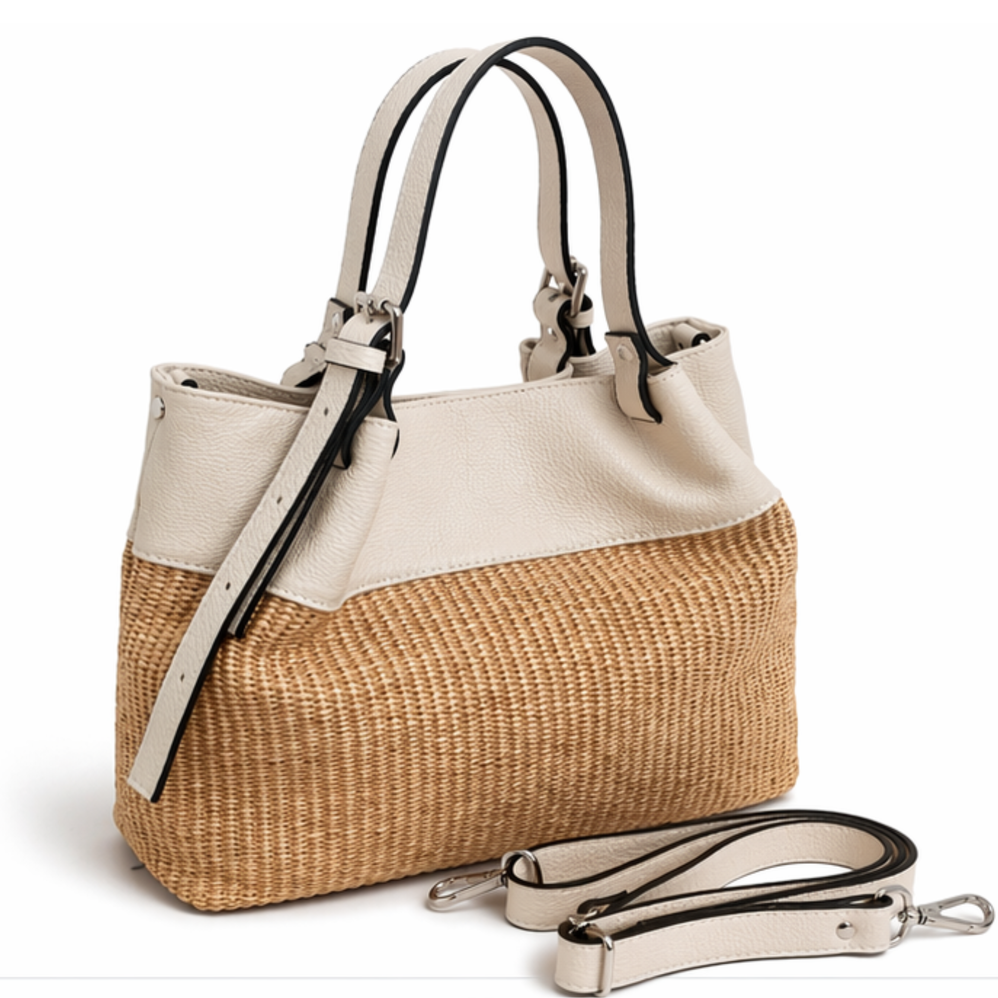 Private label Coastal It Girl Tote handbag with woven straw design and tan leather handles for stylish summer accessories.