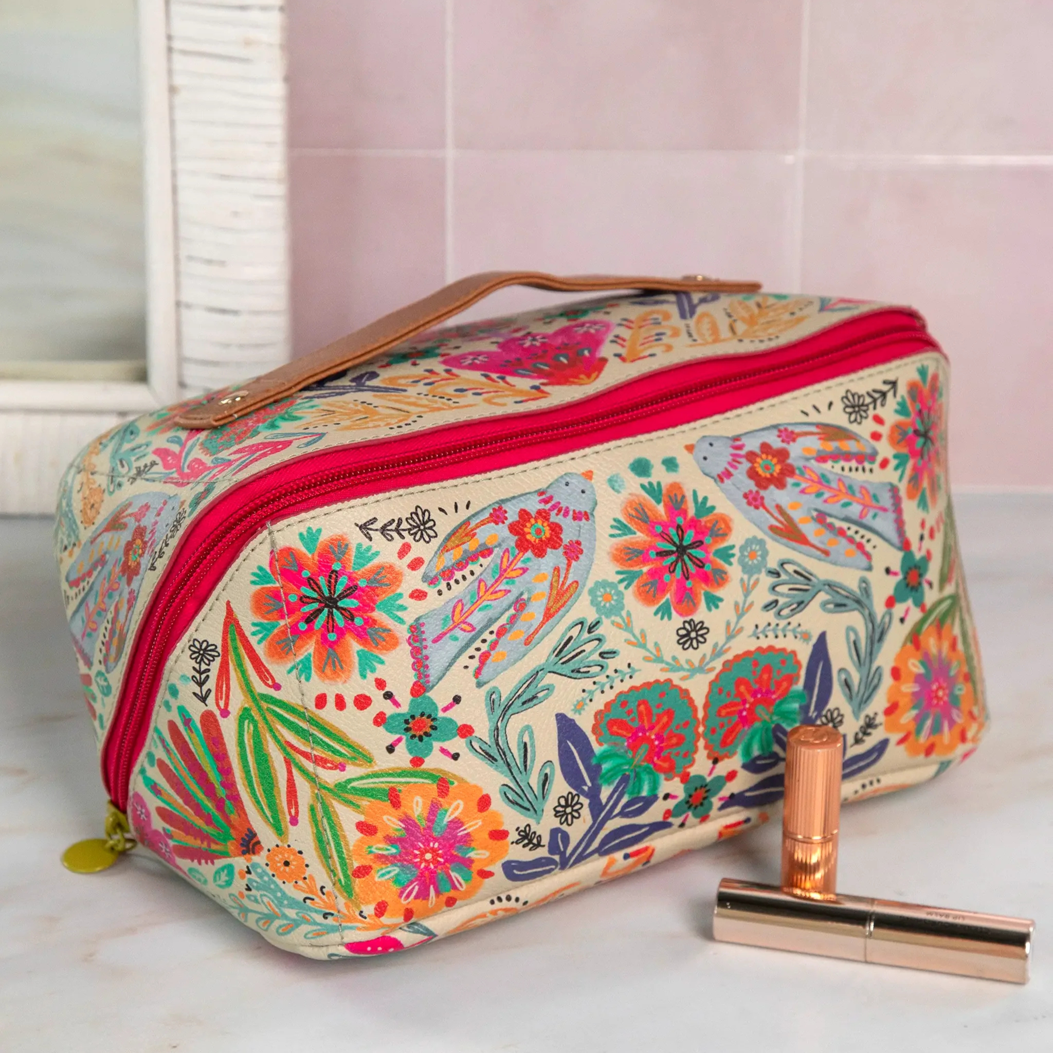 Cream folk flower travel cosmetic organizer pouch by Natural Life, featuring floral design and multiple compartments for toiletries.