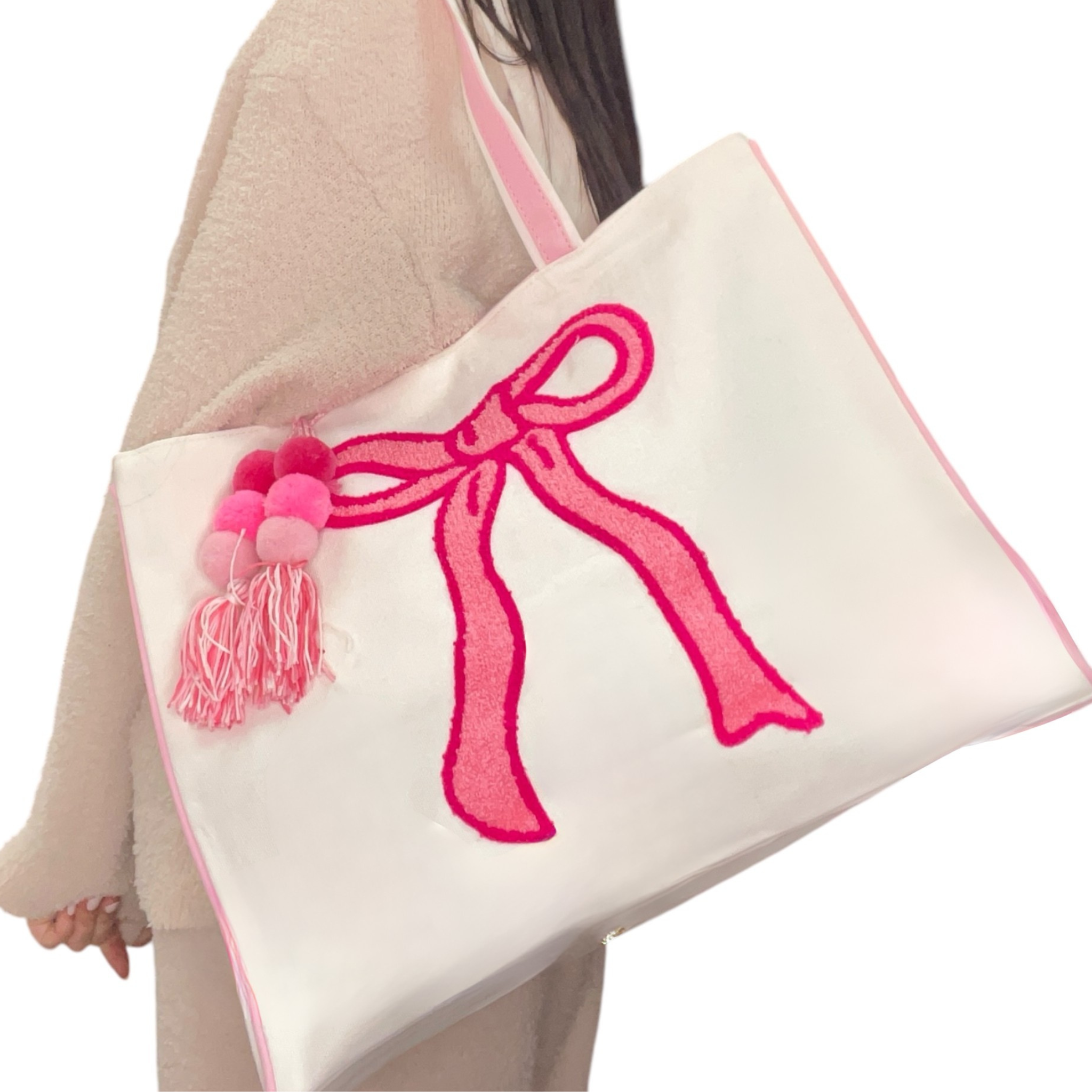 Private label Bow Beach Bag, stylish handbag with woven design and shoulder strap, perfect for summer outings.