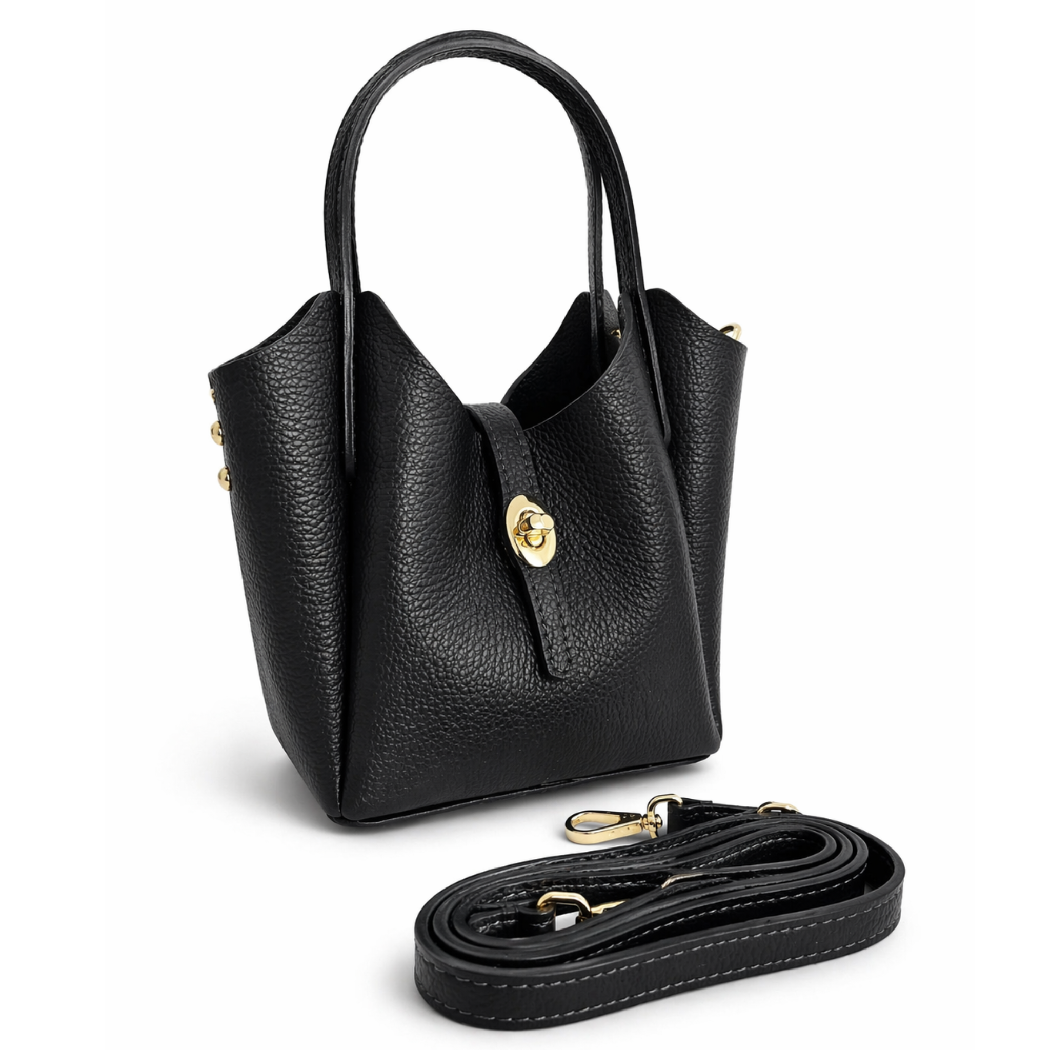 Leather Geneva Mini Bucket Bag by Private Vendor, showcasing its compact design and stylish leather exterior.