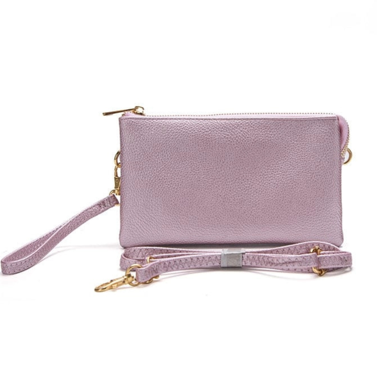 Private label three-compartment crossbody wristlet bag with adjustable strap and multiple pockets, shown in black leather.