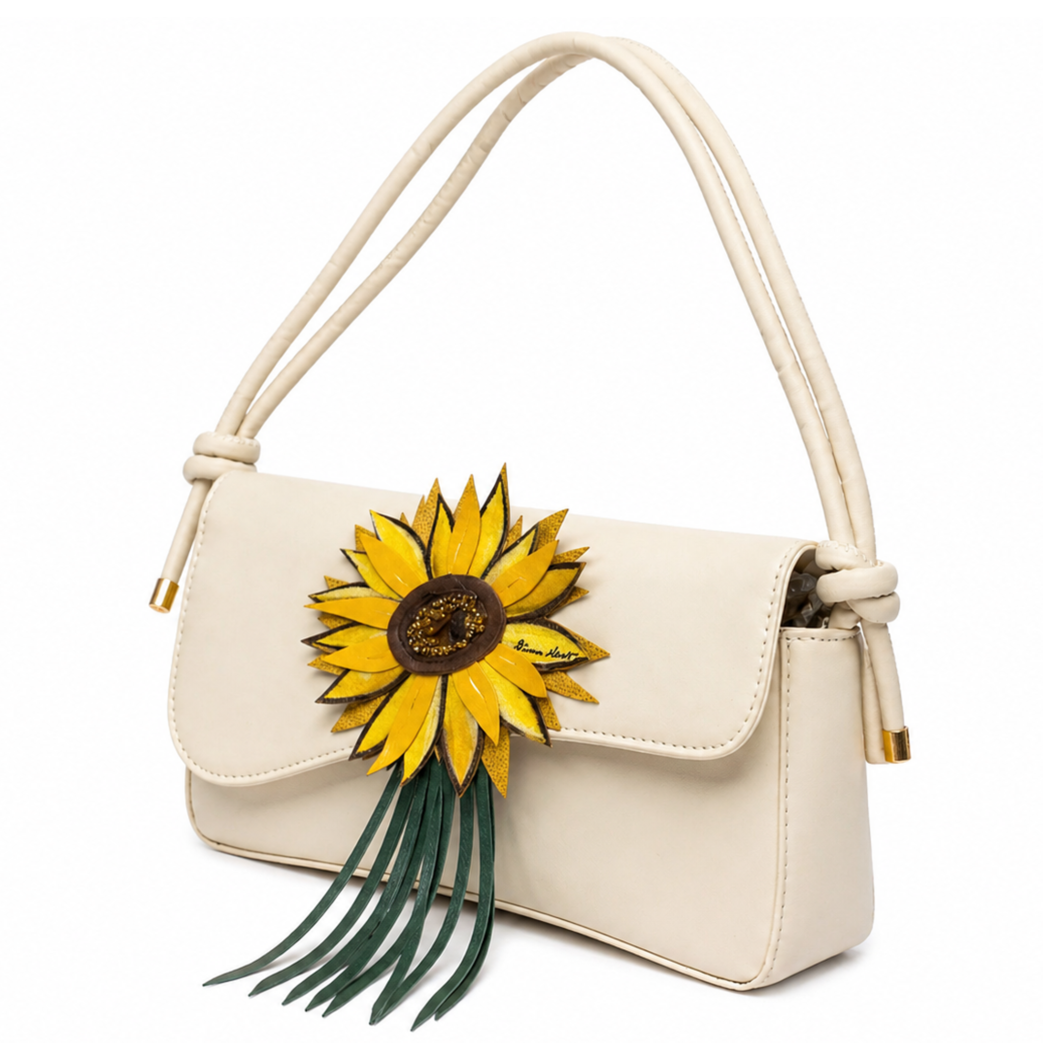 Gianna Valente x Lets Bag It sunflower shoulder bag with floral design and adjustable strap on a neutral background.