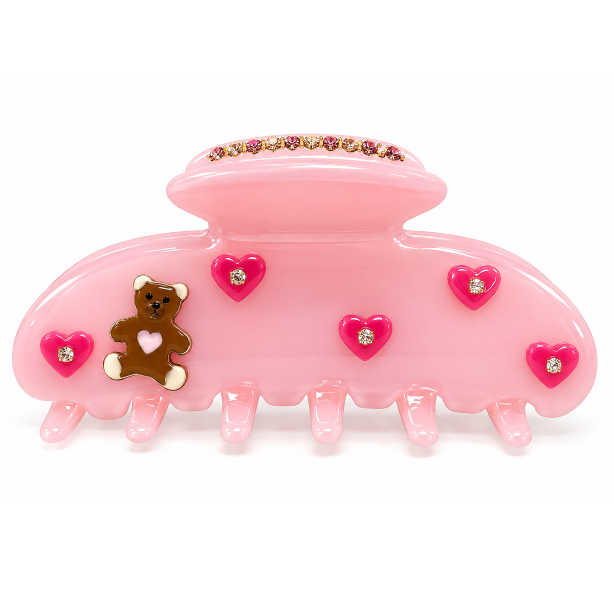 Teddy Bear W Rhinestone Hearts Hair Clip