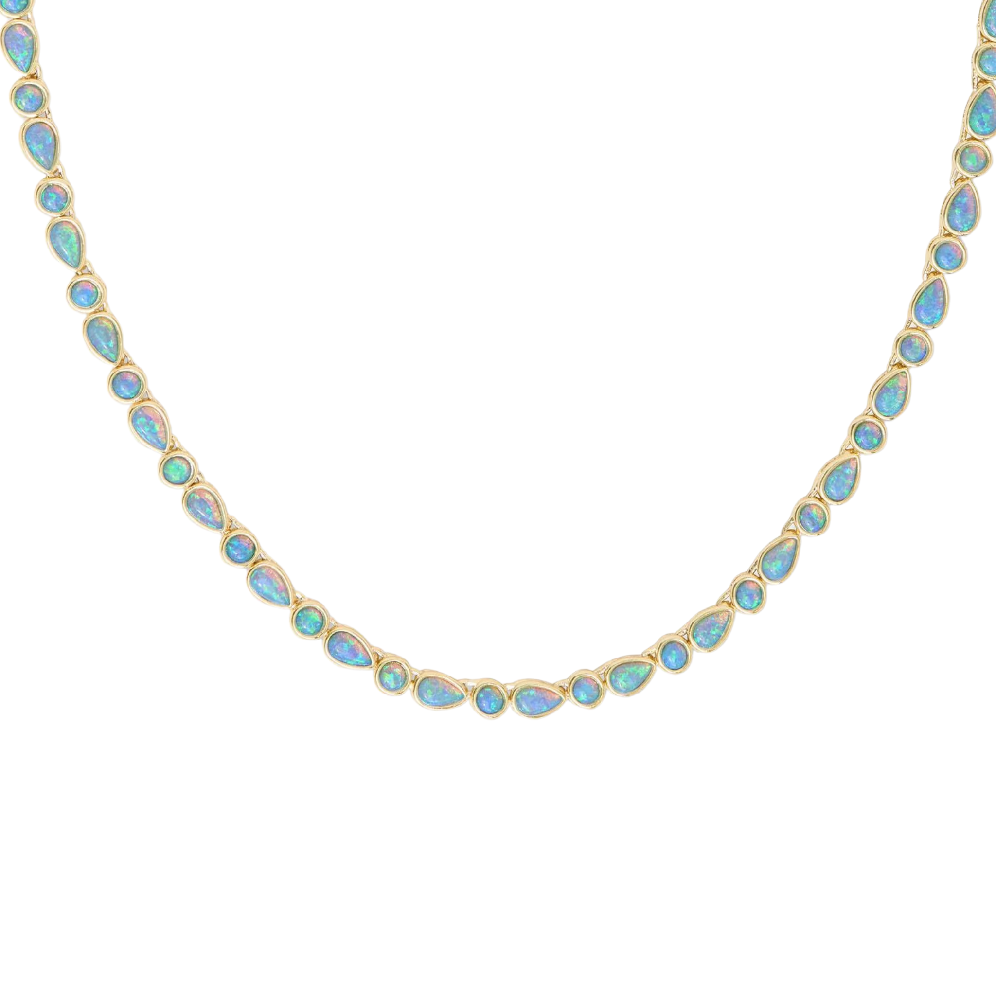 Gold Isla Tennis Necklace by Melinda Maria featuring blue opal stones, elegantly displayed on a white background.