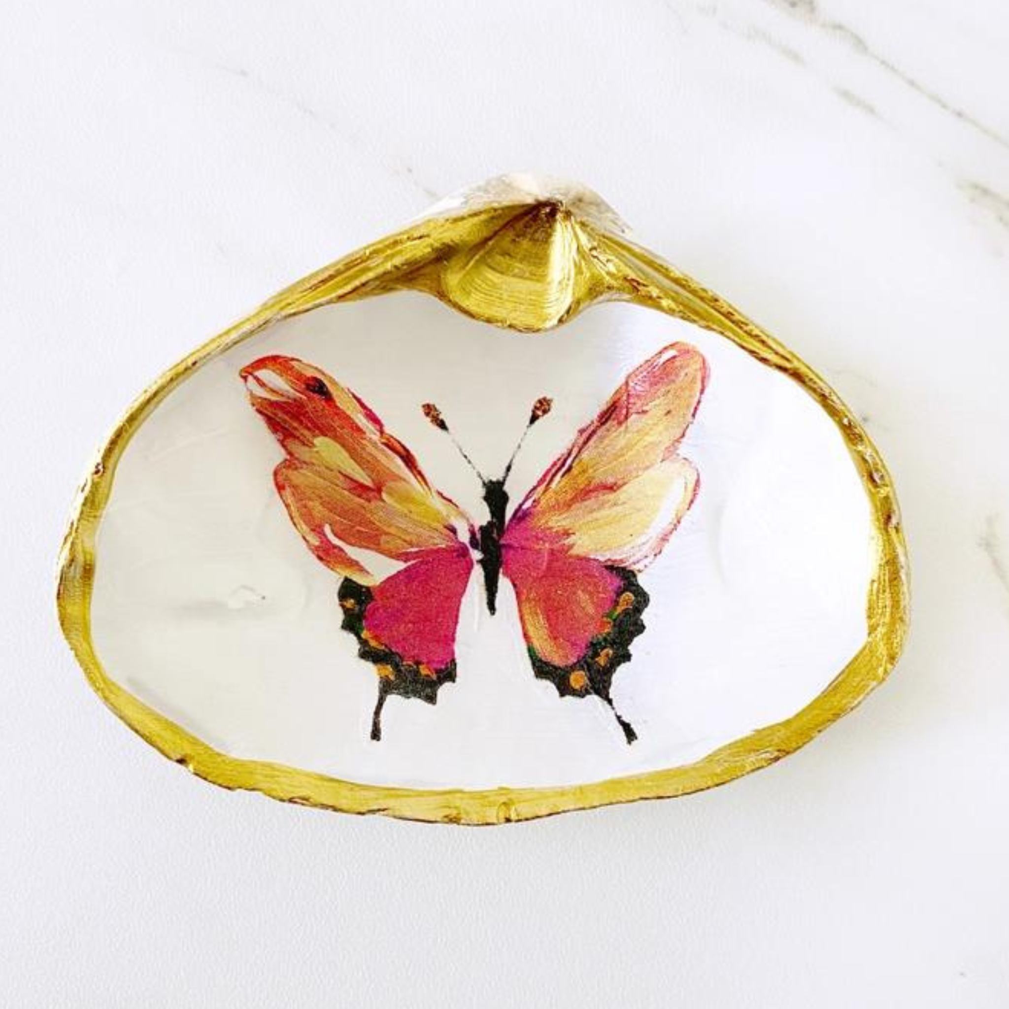 Pink Butterfly Decoupage Clam Shell Trinket Dish