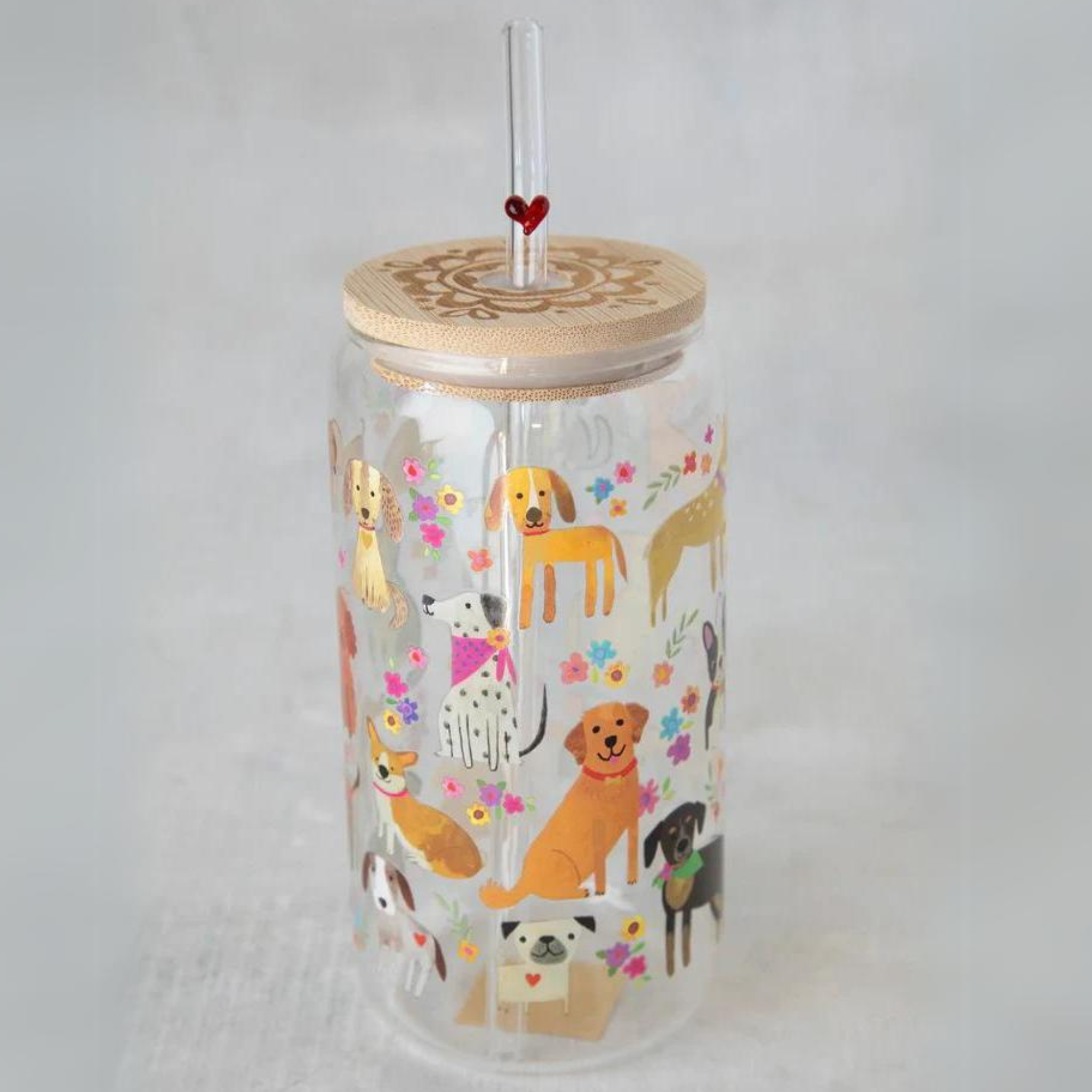 Glass Tumbler With Lid & Straw - Dog