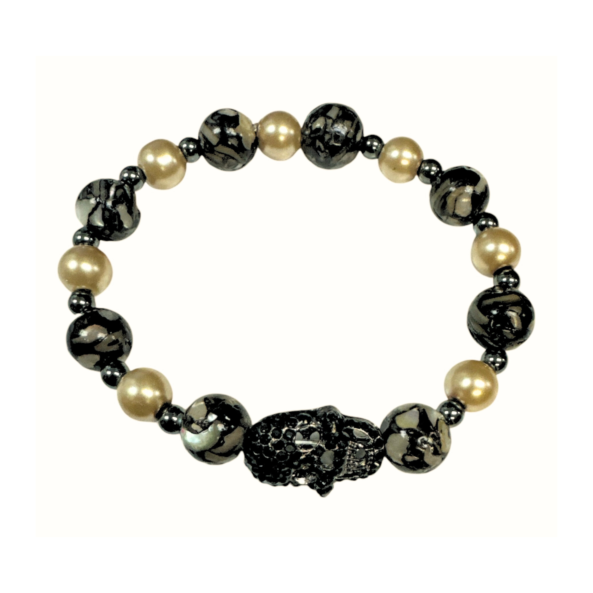 Fresh Water Pearl and Abalone w/ Pave Skull Bracelet