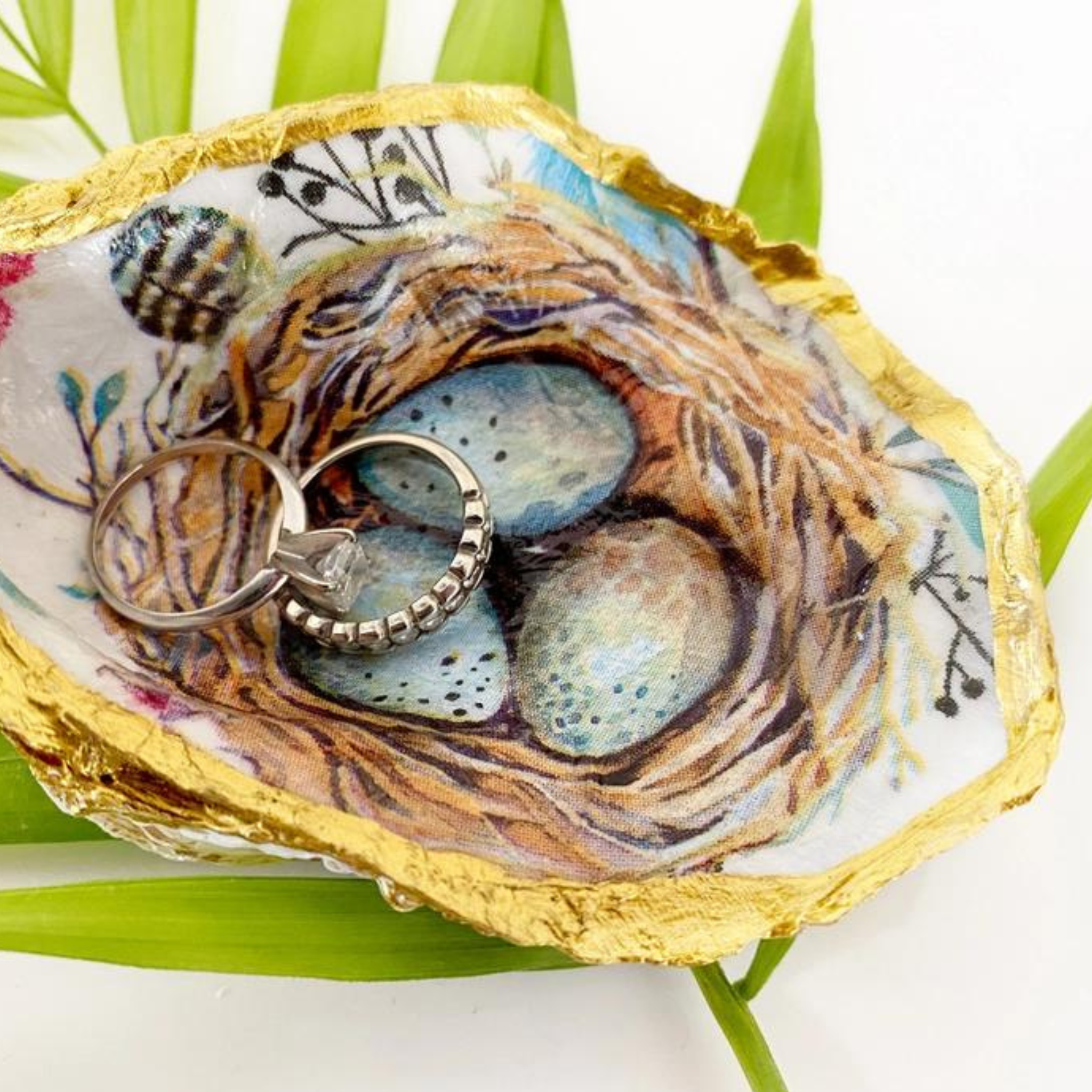 Robin's Egg Decoupage Oyster Shell Trinket Ring Dish