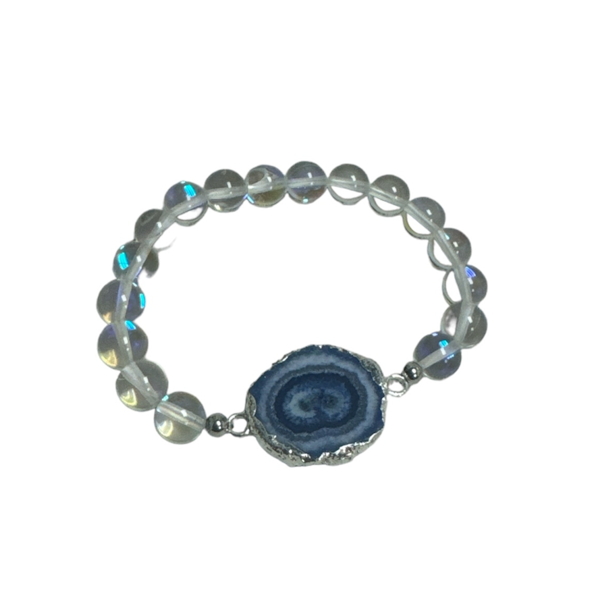 White druzy and charm beaded bracelet stack