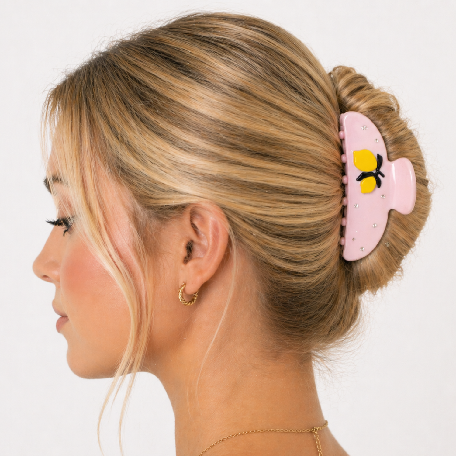 Pink Lemonade Claw Clip by Private Label, stylish pink hair clip with floral accents, perfect for securing hair fashionably.